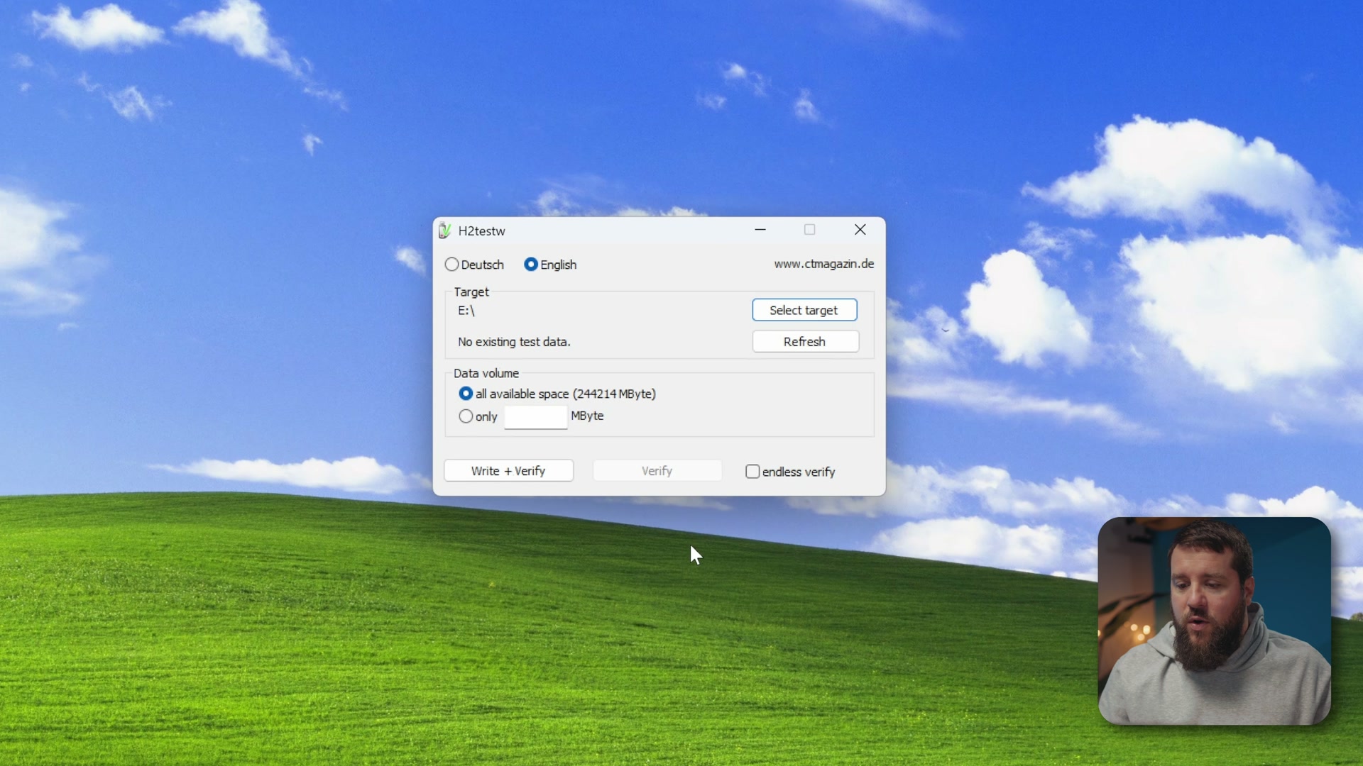 The H2testw app window on Windows with an SD card selected as the target and the Write + Verify button at the bottom