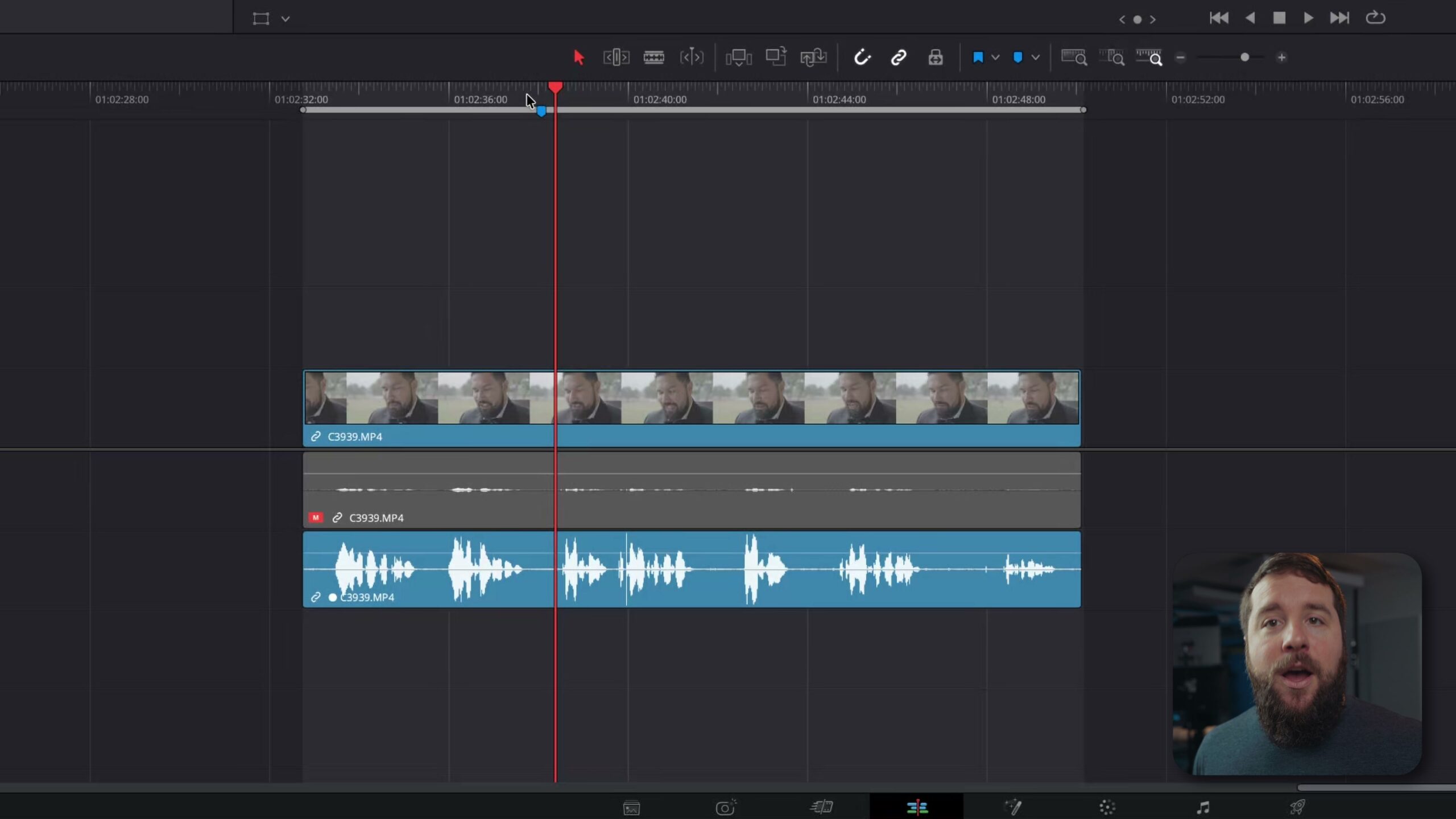 A clip selected on the DaVinci Resolve timeline using in and out points