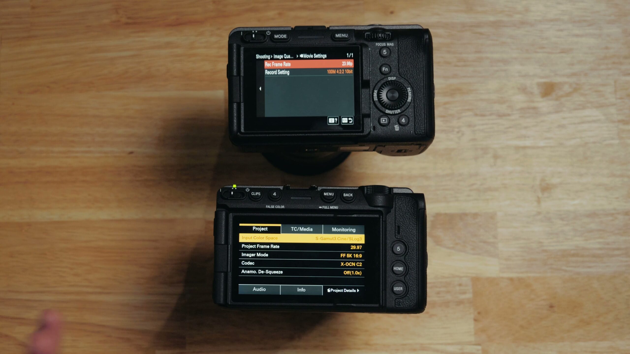 The Sony FX5 project panel showing imager mode, codec, frame rate and resolution options on a single menu page