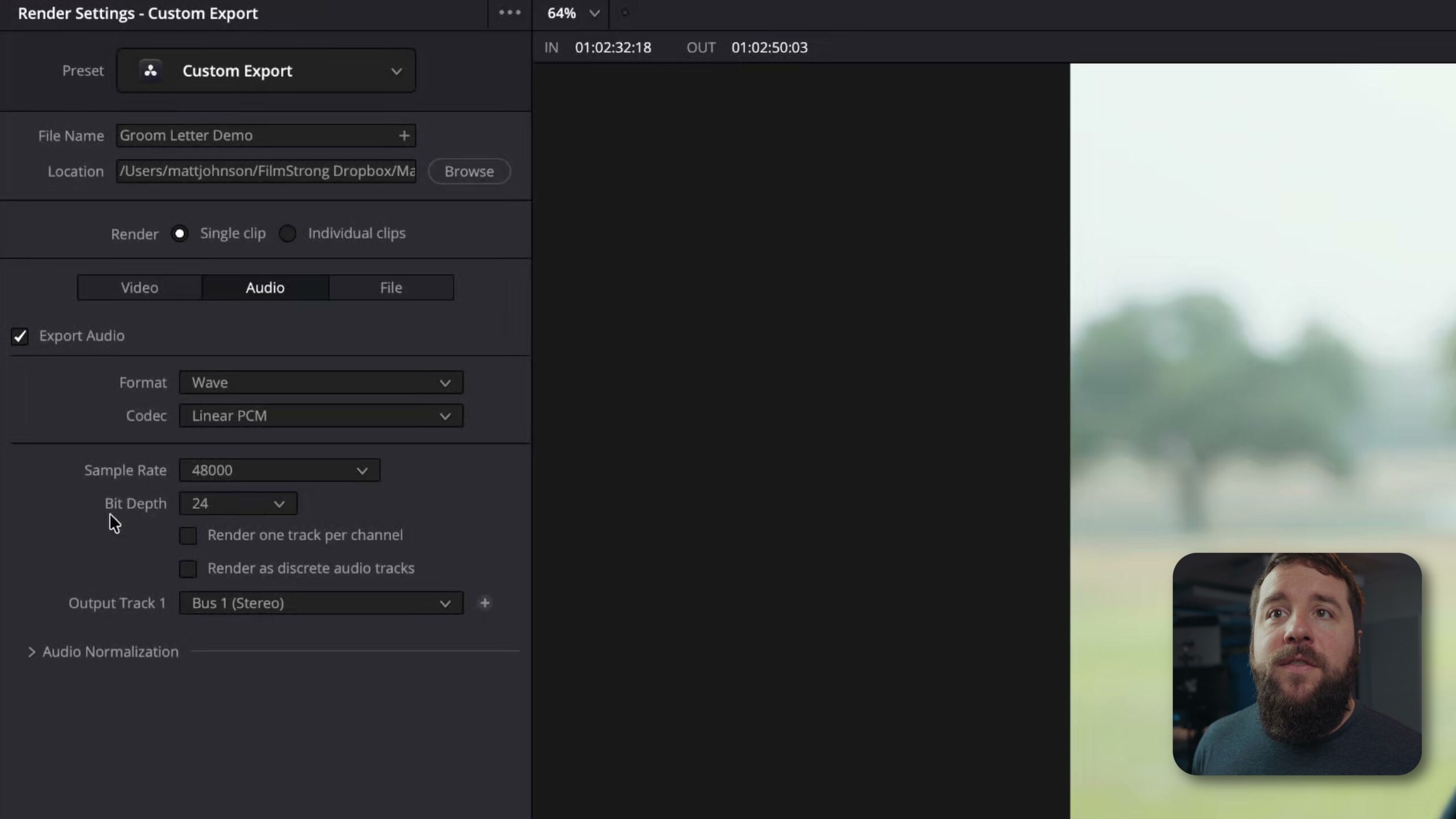 DaVinci Resolve Deliver page audio export settings set to WAV, Linear PCM, 48kHz, 24 bit