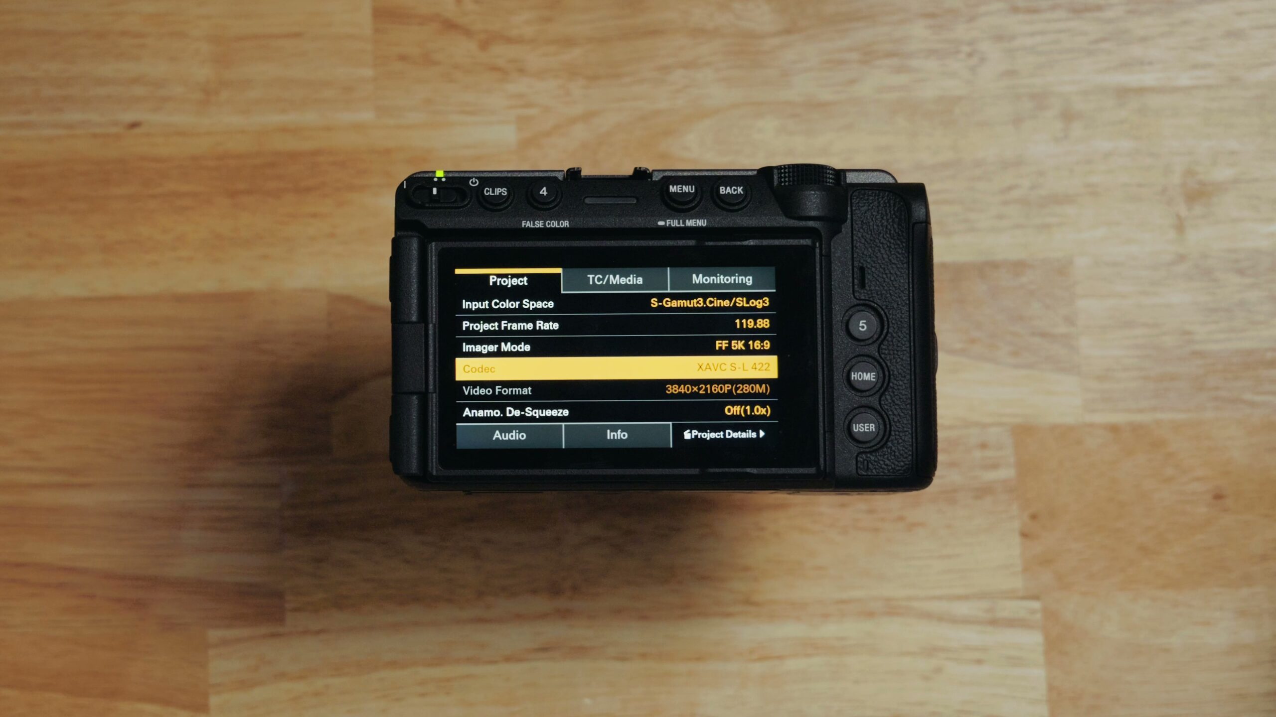 Sony FX5 menu with imager mode set to full frame 5K 16:9 while the video format directly below reads 3840 by 2160p 4K