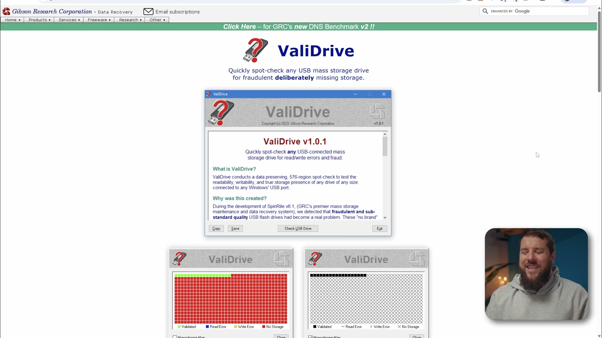 The Gibson Research Corporation web page for ValiDrive, with an old-school website layout