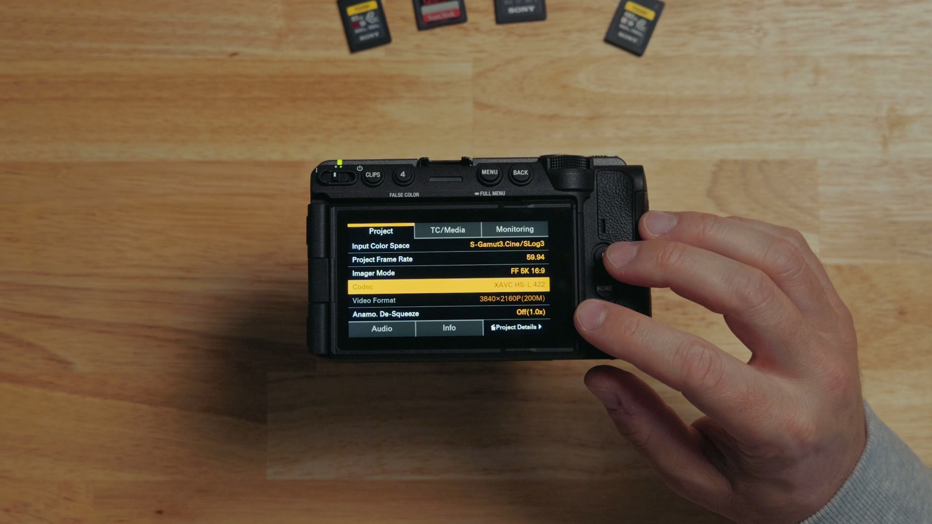 The Sony FX5 Project menu showing Imager Mode set to FF 5K 16:9 while the Video Format line below reads 3840x2160P