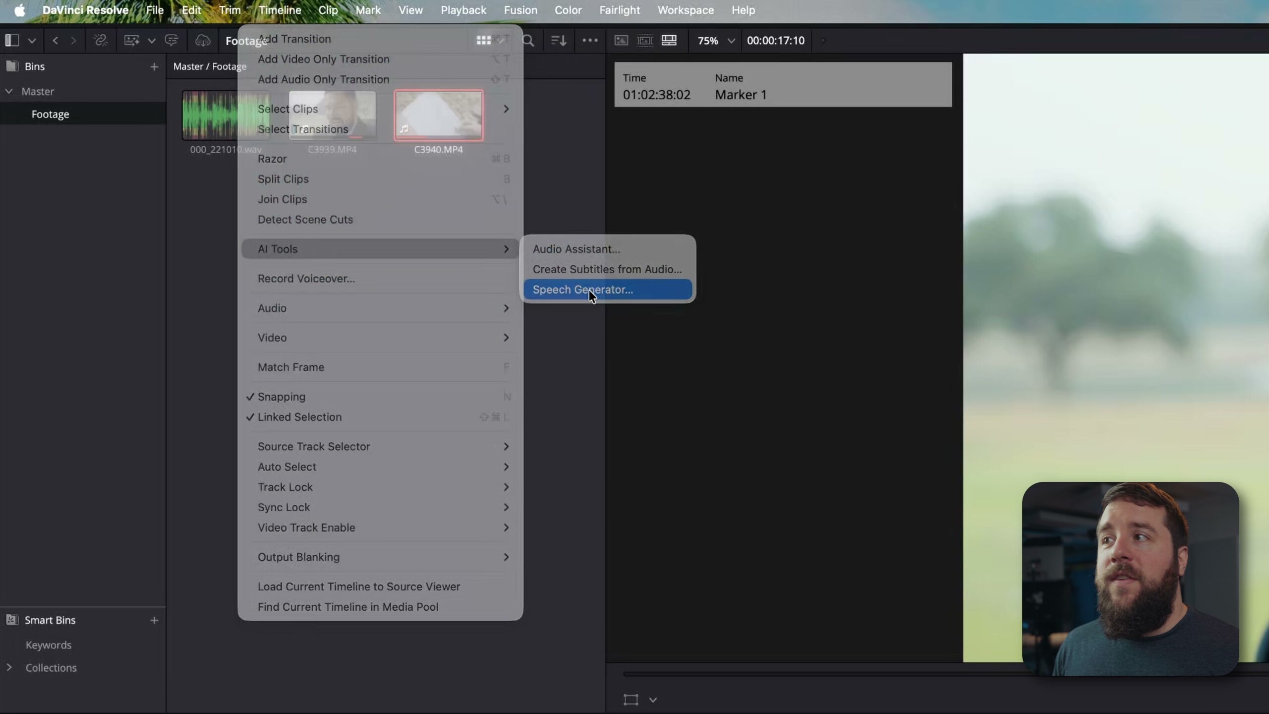 The DaVinci Resolve Timeline menu with AI Tools and Speech Generator highlighted