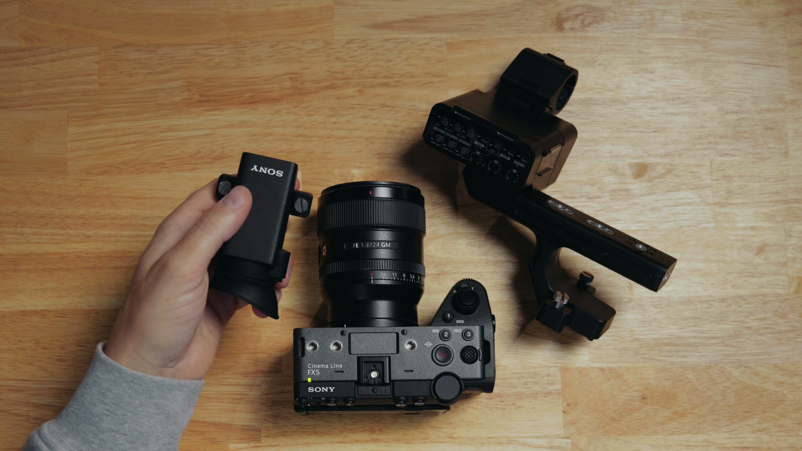 Close-up of the top of the Sony FX5 showing the single mounting point shared by the EVF and the XLR handle