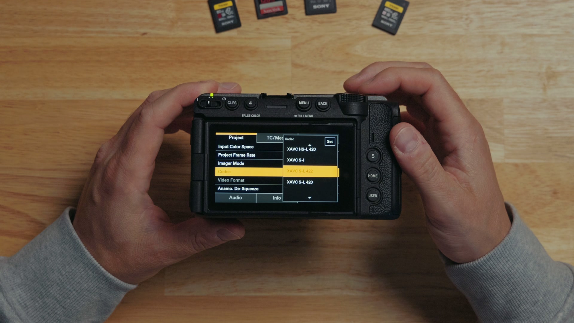 The Sony FX5 codec menu open, listing XAVC HS-L 420, XAVC S-I and XAVC S-L 420 as options