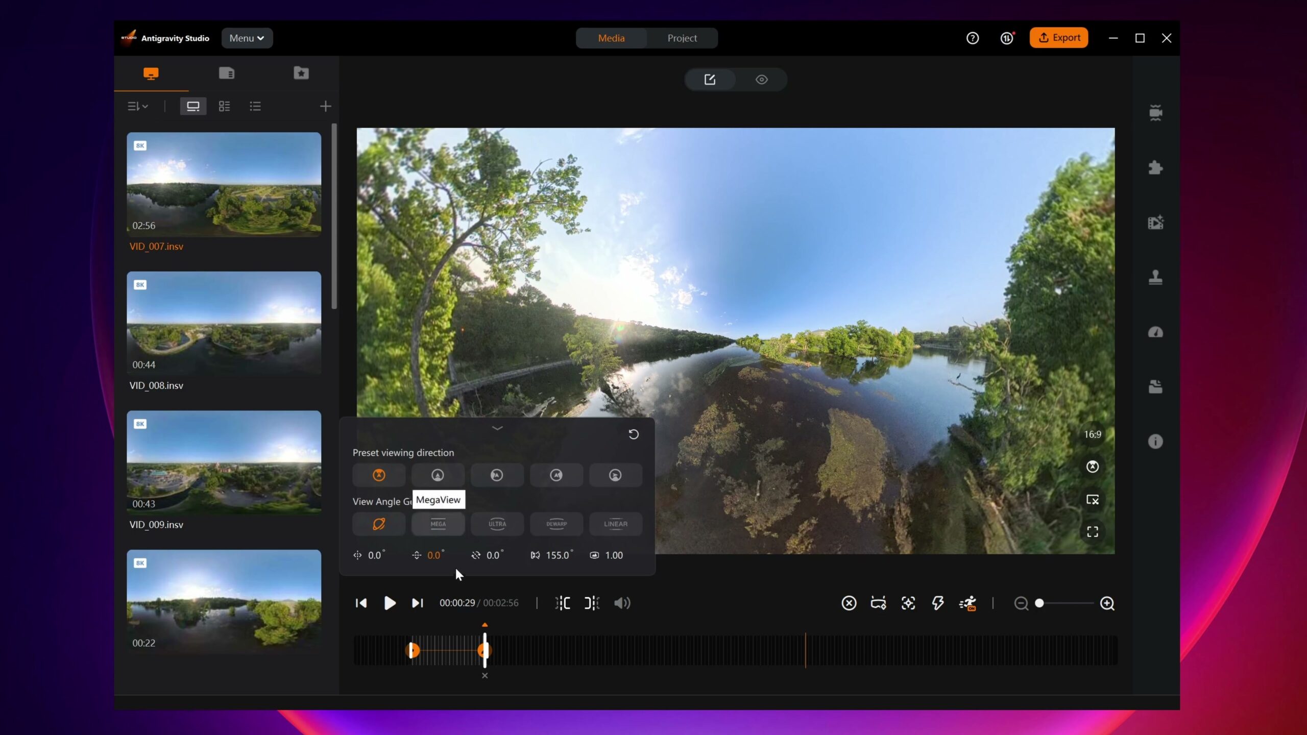 The Antigravity Studio app reframing 360 drone footage on a computer