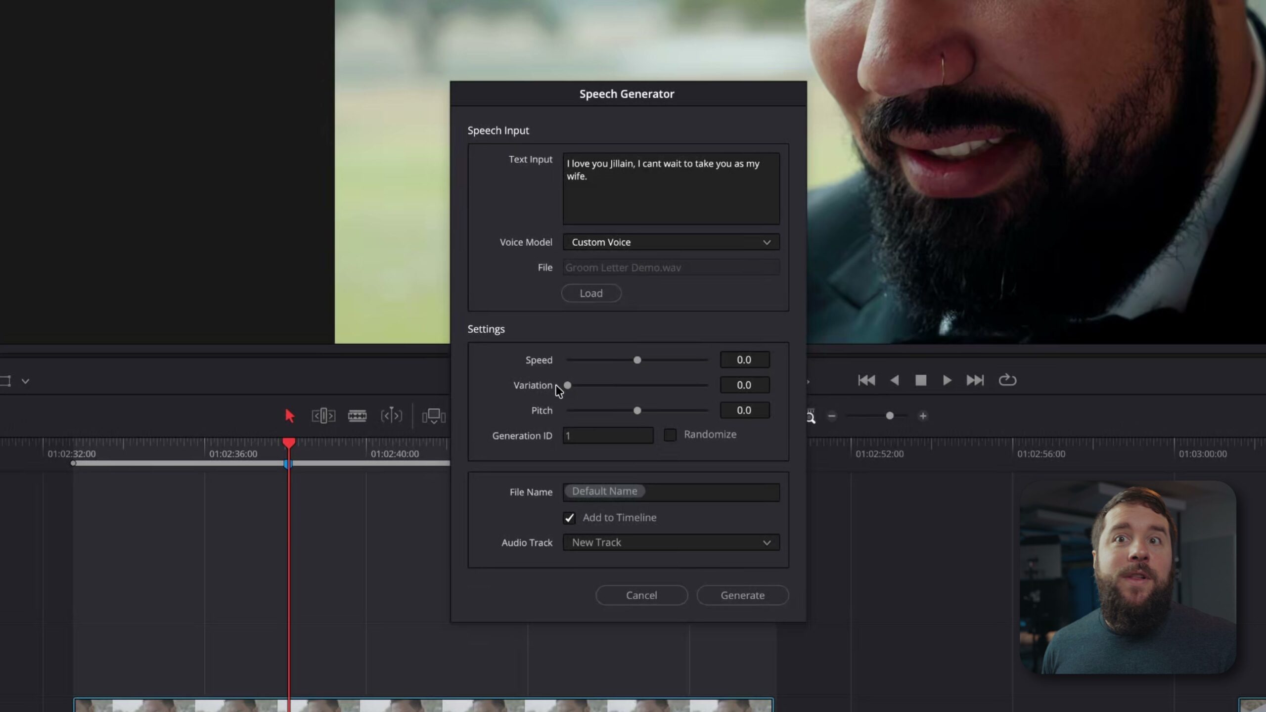 The DaVinci Resolve Speech Generator window with Custom Voice loaded and the speed, variation and pitch sliders
