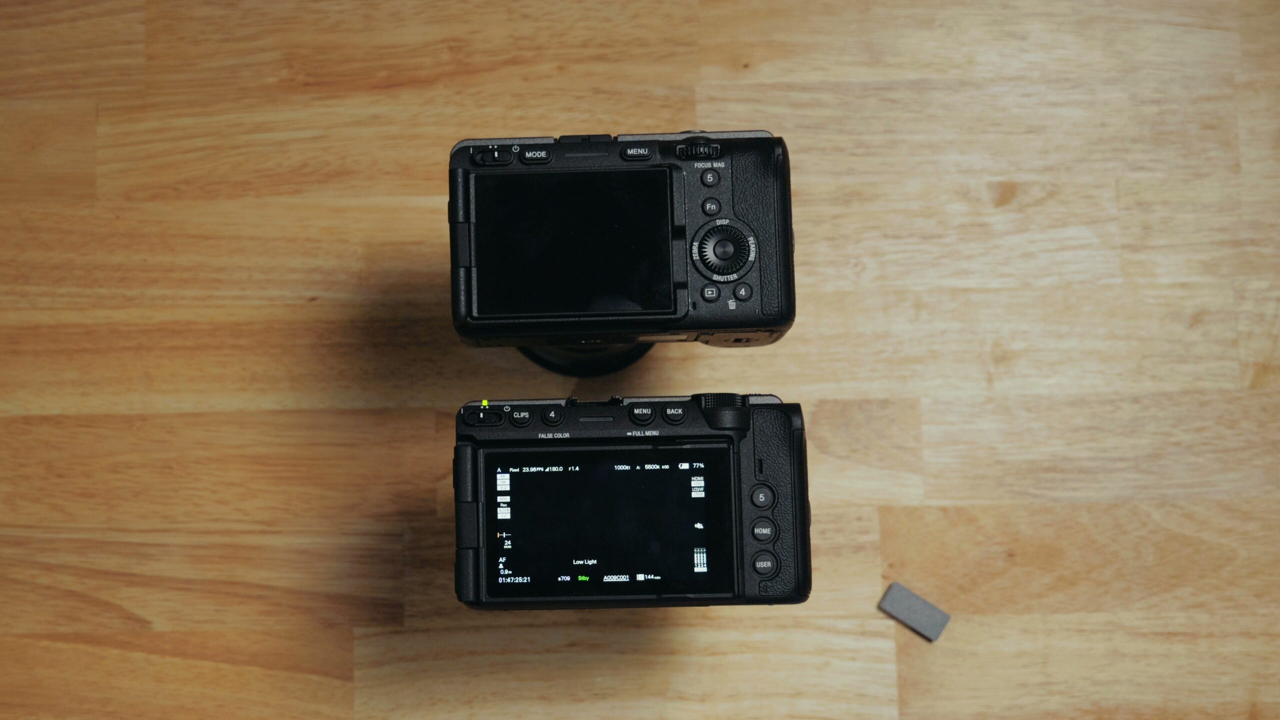 The back of the Sony FX5 showing its large rear screen and no rear control wheel