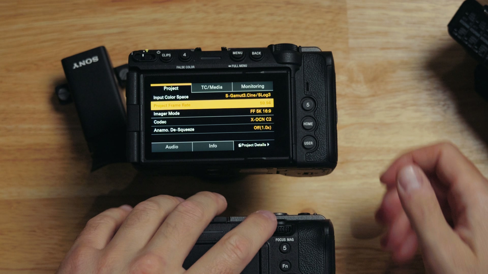The gray and yellow Venice style menu system on the Sony FX5