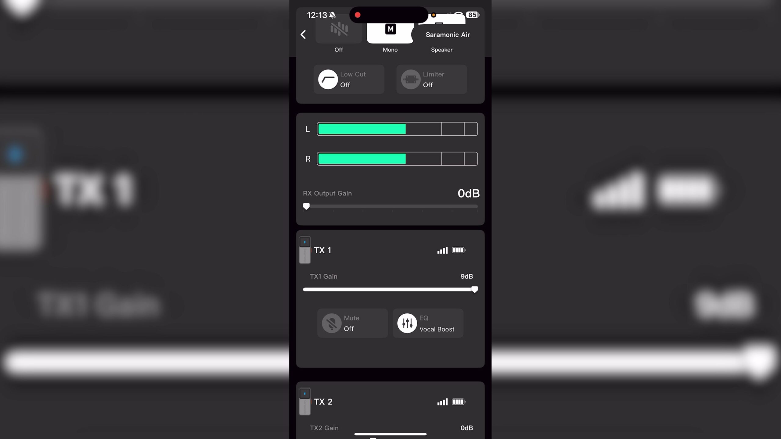 Saramonic Air smartphone app showing EQ mode settings