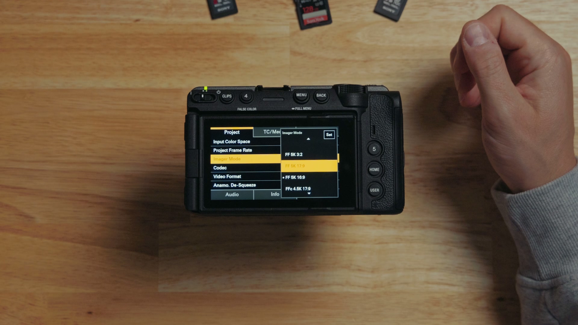 The Sony FX5 Imager Mode picker showing FF 5K 3:2, FF 5K 17:9 and FF 5K 16:9 aspect ratio options
