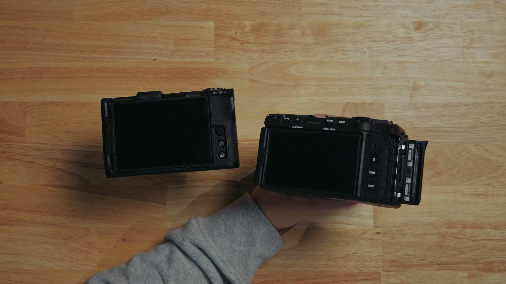 The Sony FX5 with its card door open, showing two CFexpress Type A slots