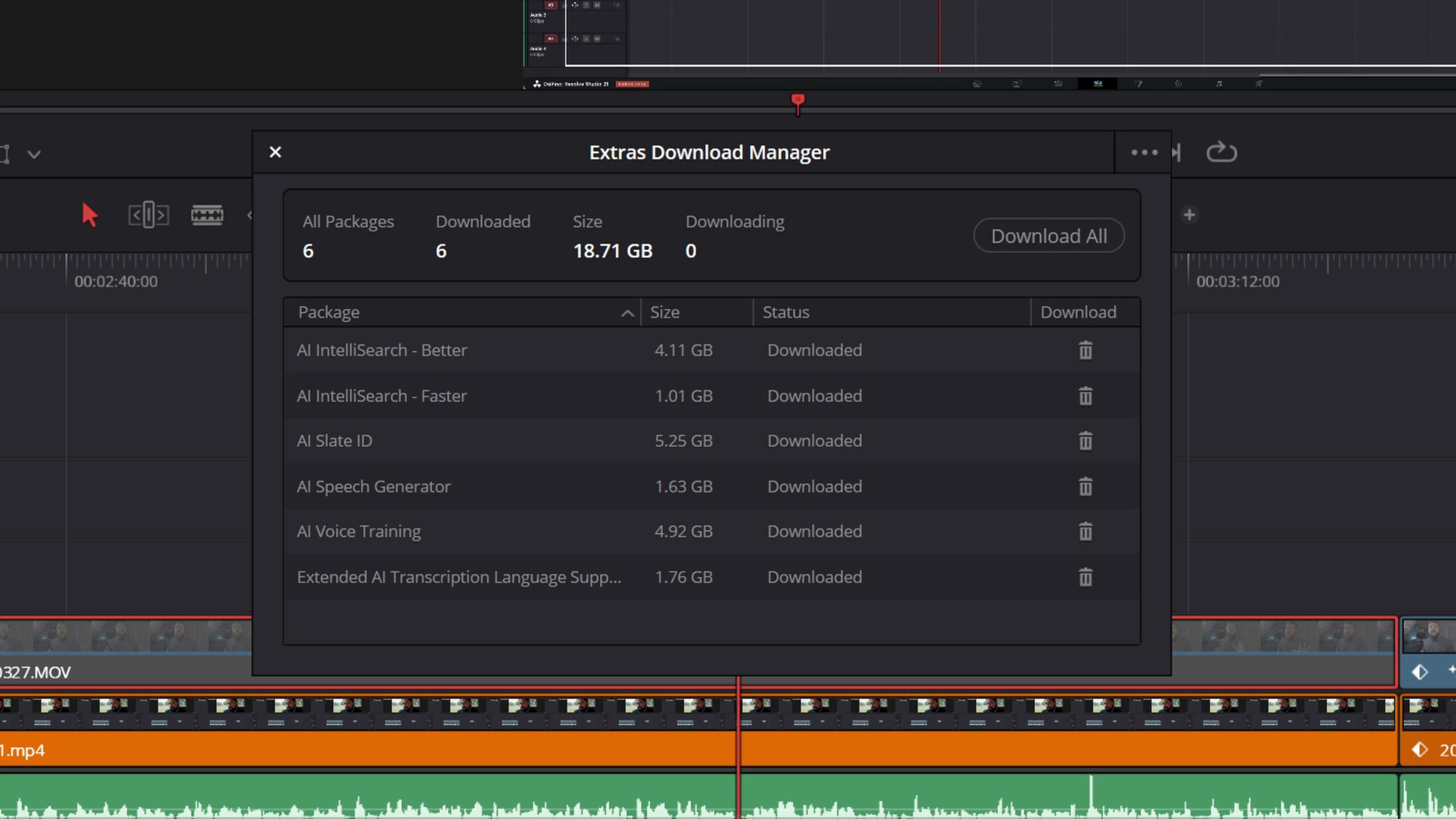 A Download Manager window asking to download 1.6 GB of data for the AI speech generator