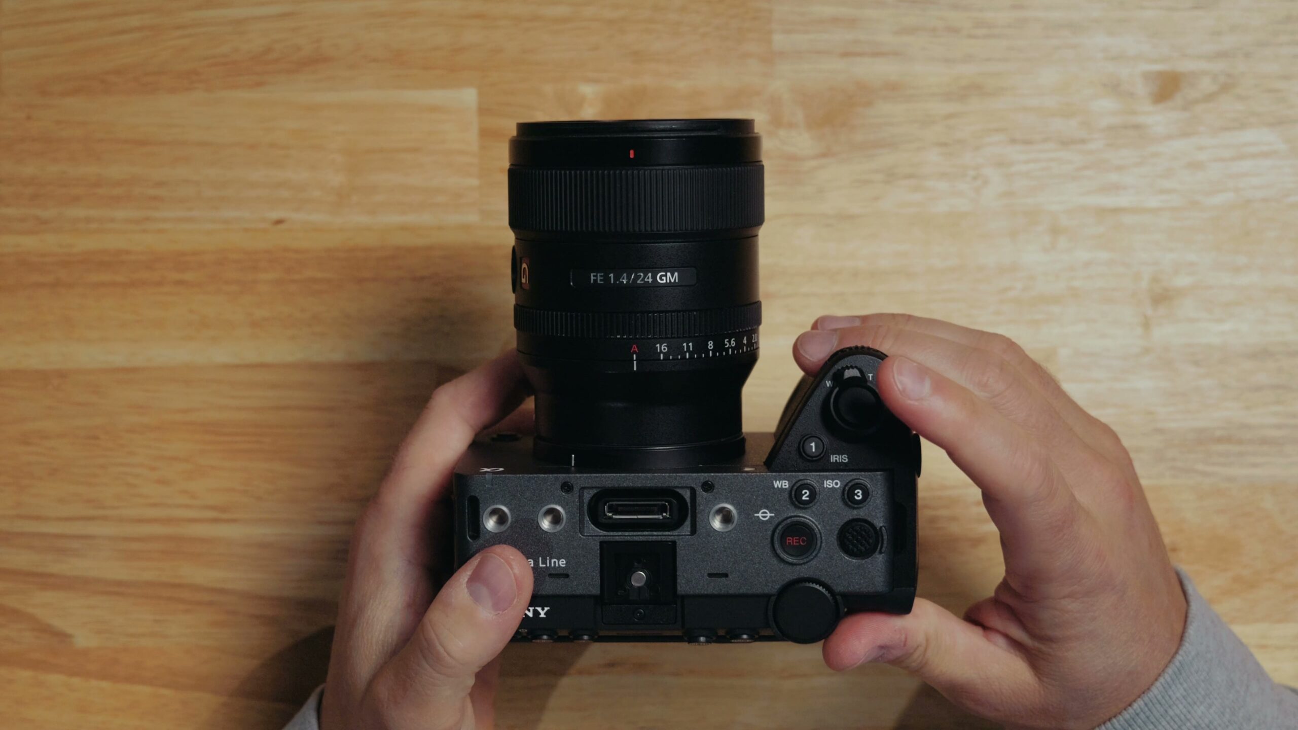 Close-up of the Sony FX5 grab button, which looks like a photo shutter button but cannot take stills