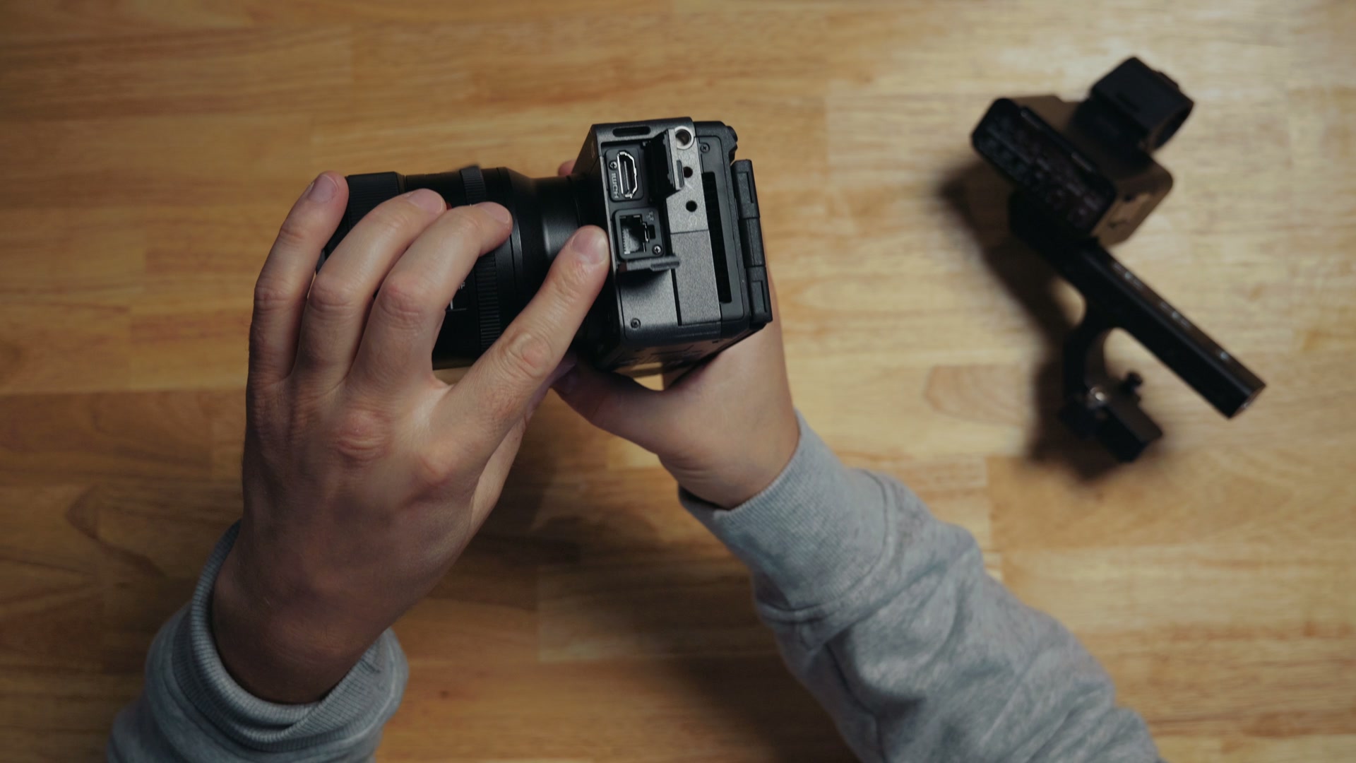 The Ethernet jack behind a side port door on the Sony FX5