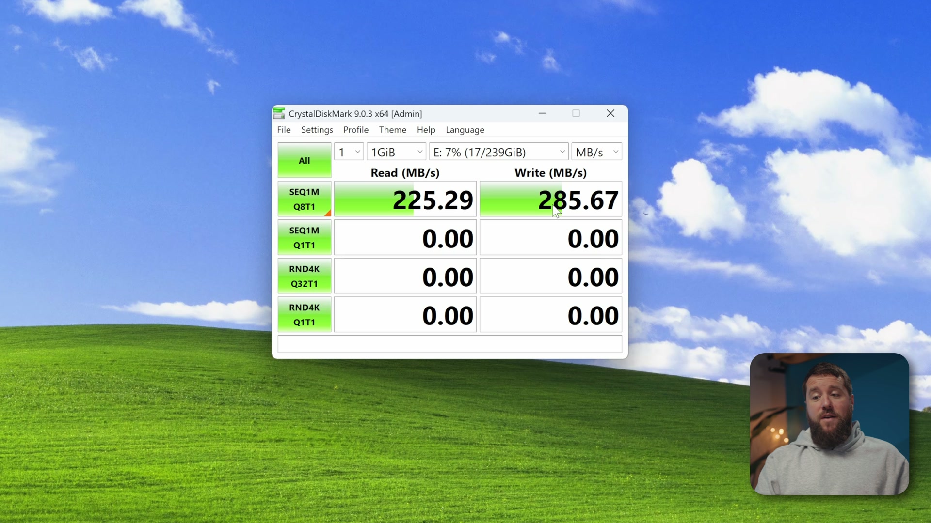 CrystalDiskMark on Windows showing sequential read and write speed results for a memory card