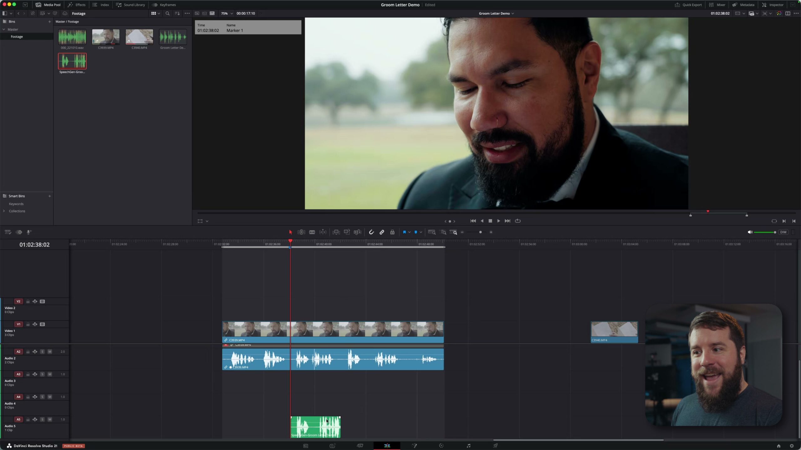 A newly generated AI voice clip on a new audio track at the bottom of the DaVinci Resolve timeline