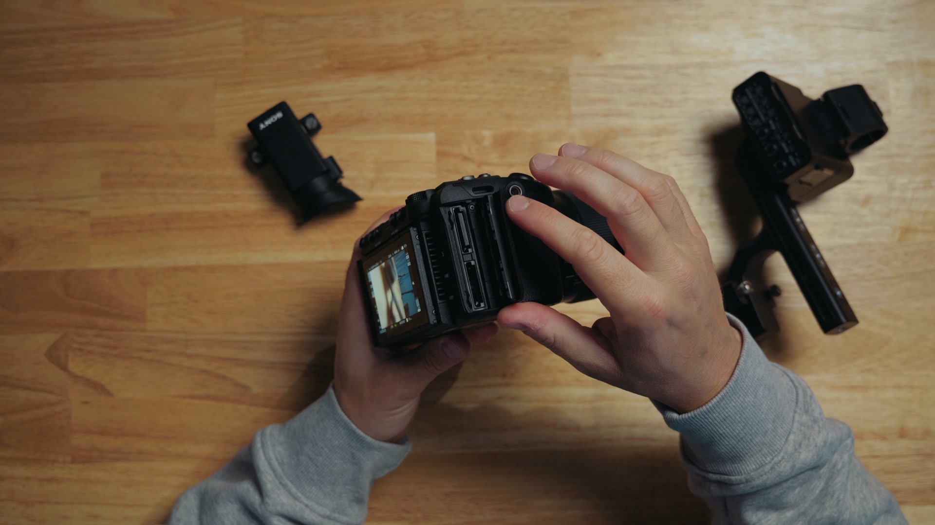 The dual SD and CF Express type A combo card slots on the Sony FX5
