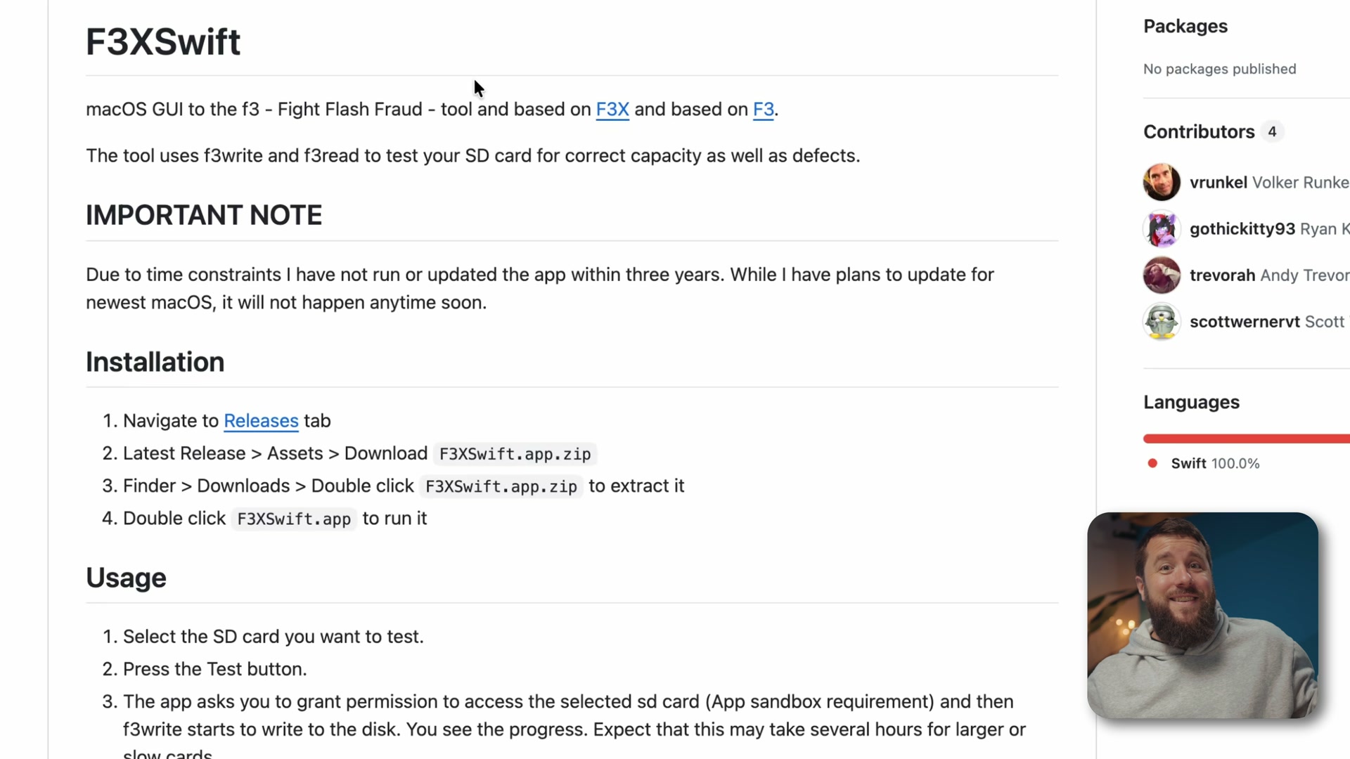 The F3XSwift GitHub page showing a note from the developer saying the app has not been updated for macOS in years