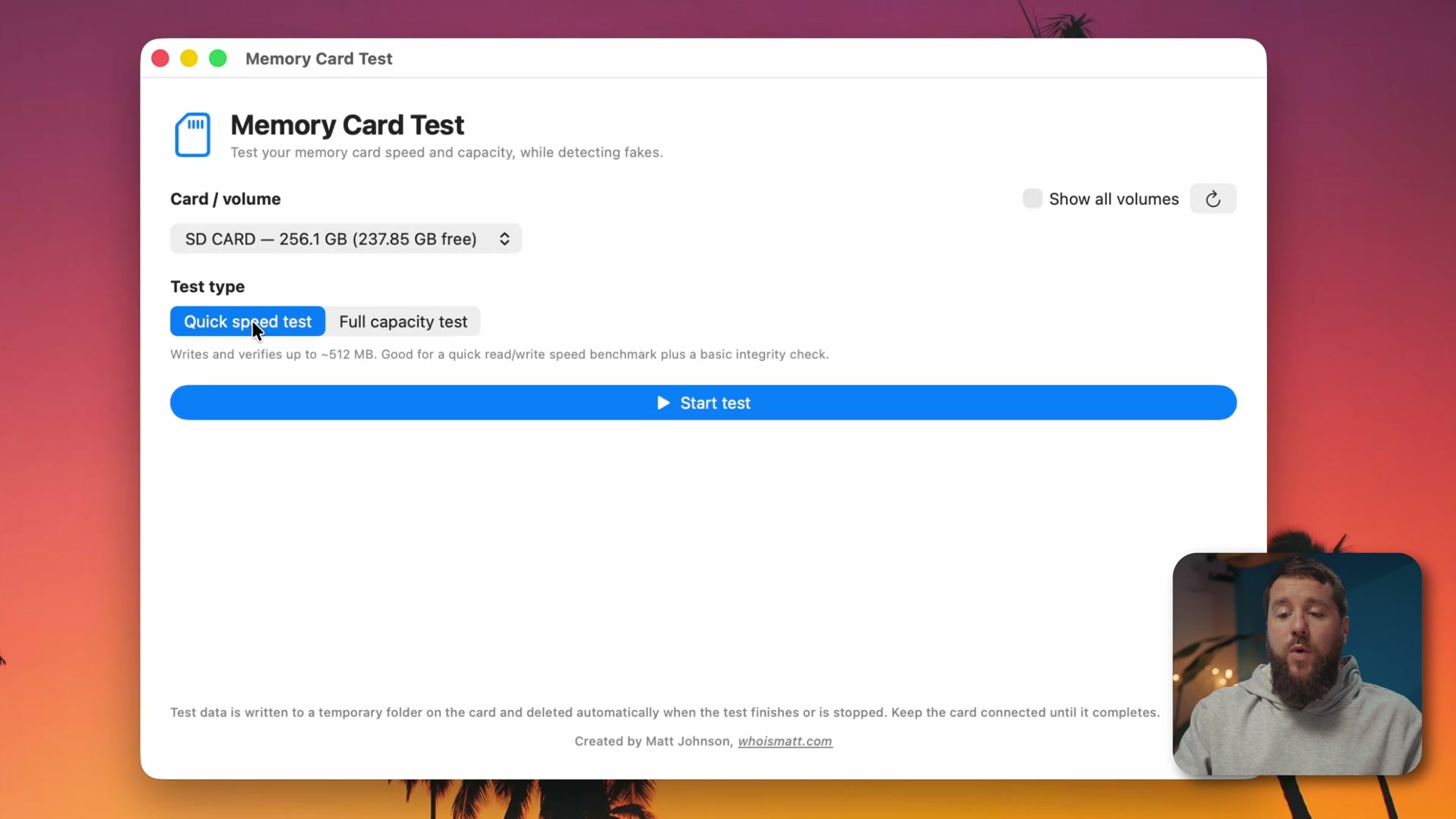 The Memory Card Test app for macOS showing a selected SD card, the two test type buttons, and the Start test button