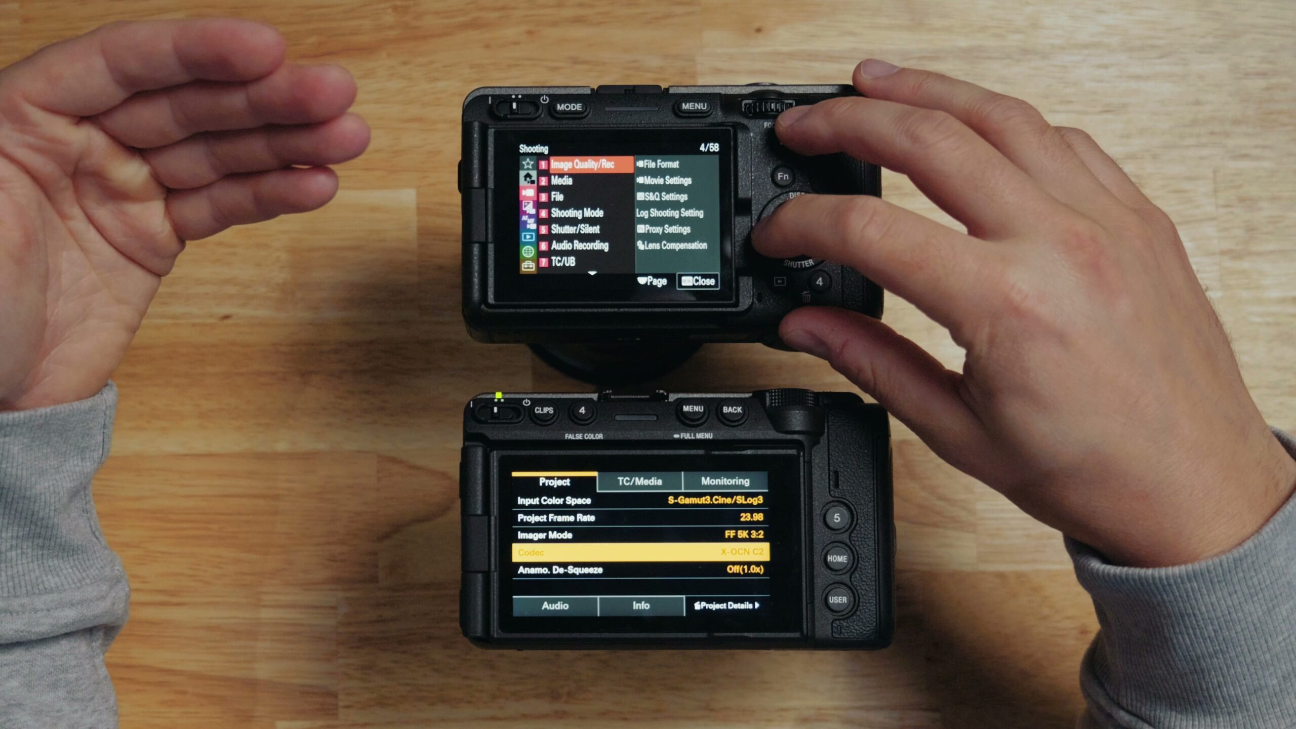 The Sony FX5 menu system shown in its muted gray and yellow color scheme