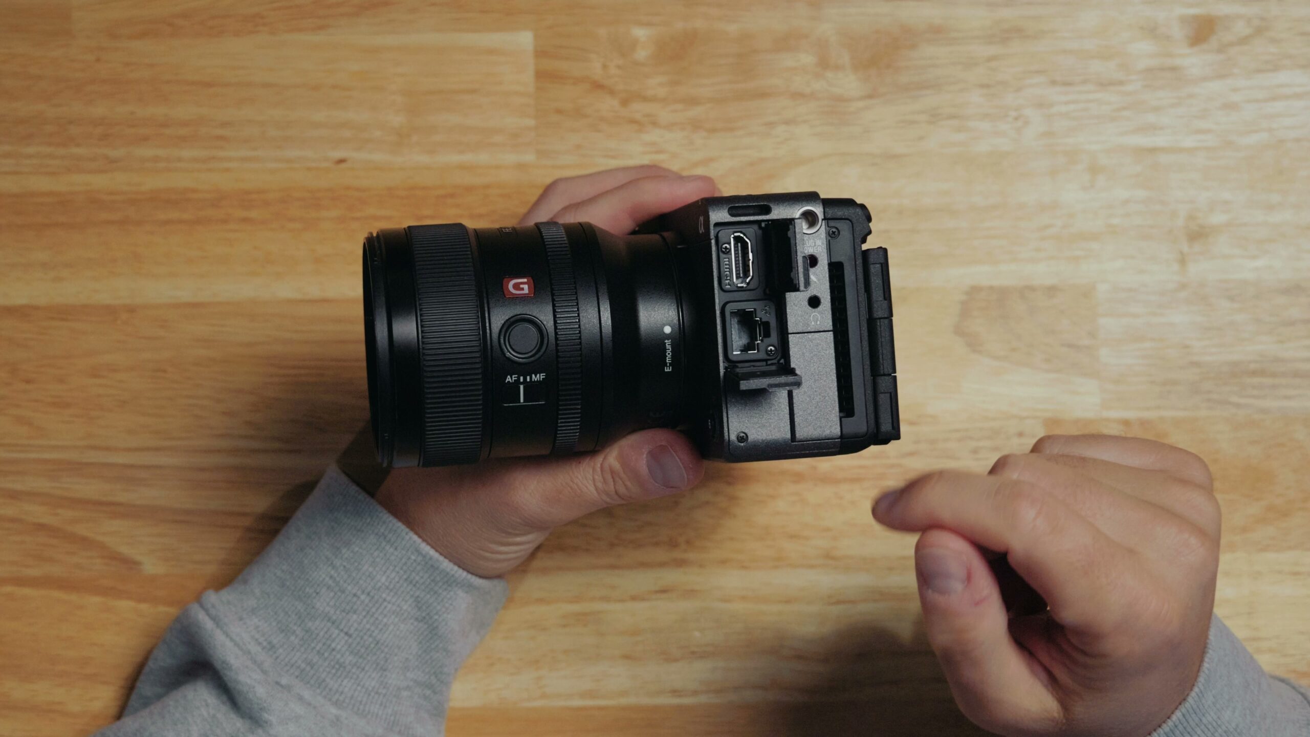 The side of the Sony FX5 showing the Ethernet port positioned directly below the HDMI port