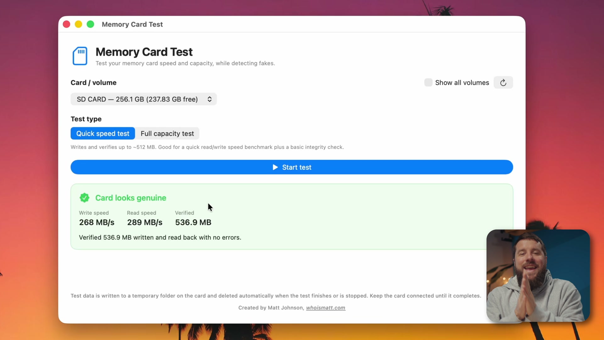 Memory Card Test results screen showing measured read and write speeds and a green check mark indicating the card appears genuine