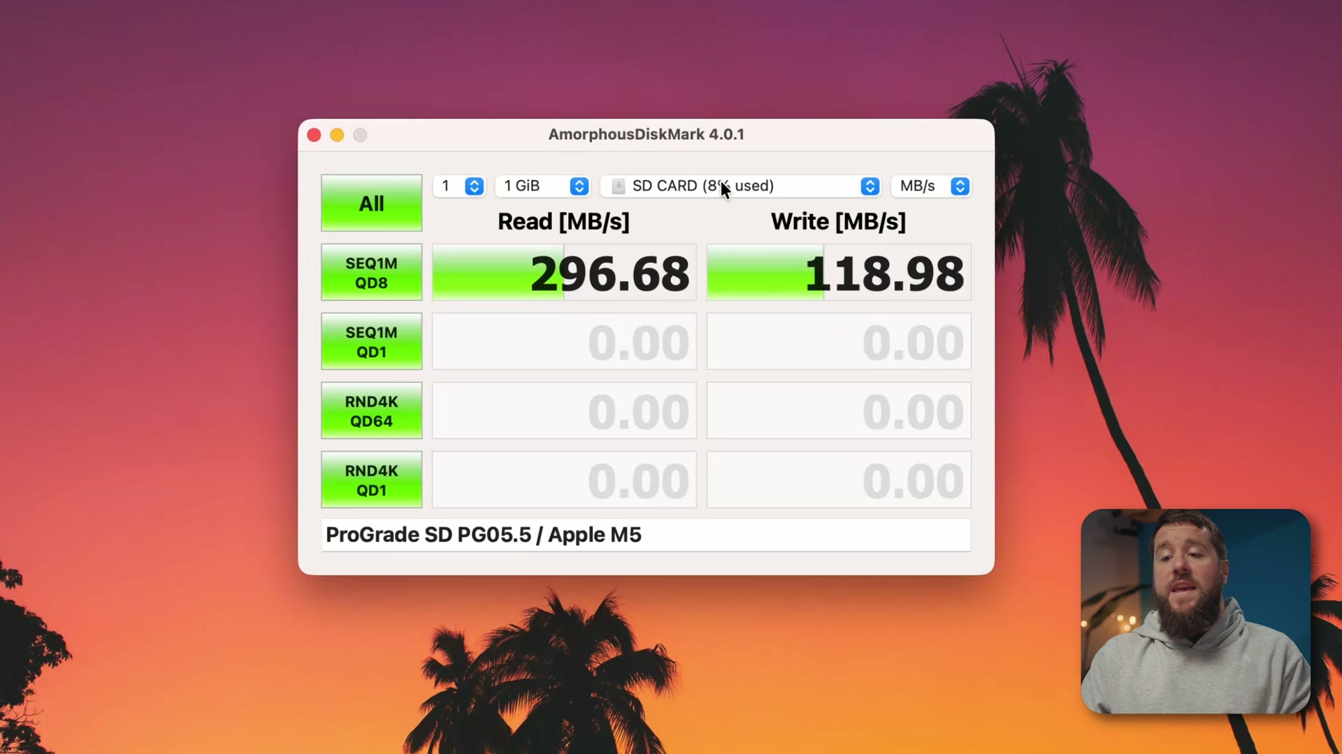 AmorphousDiskMark on macOS showing sequential read and write speed results for an SD card