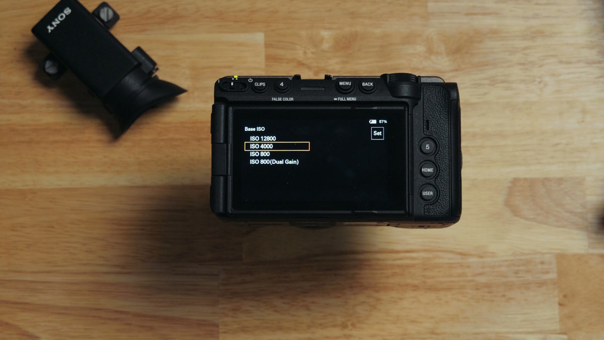 The triple base ISO options of 800, 4000 and 12800 on the Sony FX5
