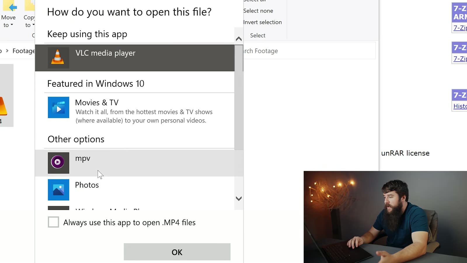 The How do you want to open this file dialog with mpv chosen and Always use this app ticked