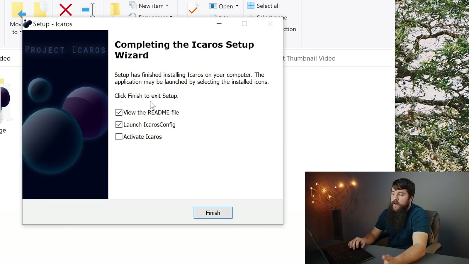 The Completing the Icaros Setup Wizard screen with the Launch IcarosConfig option