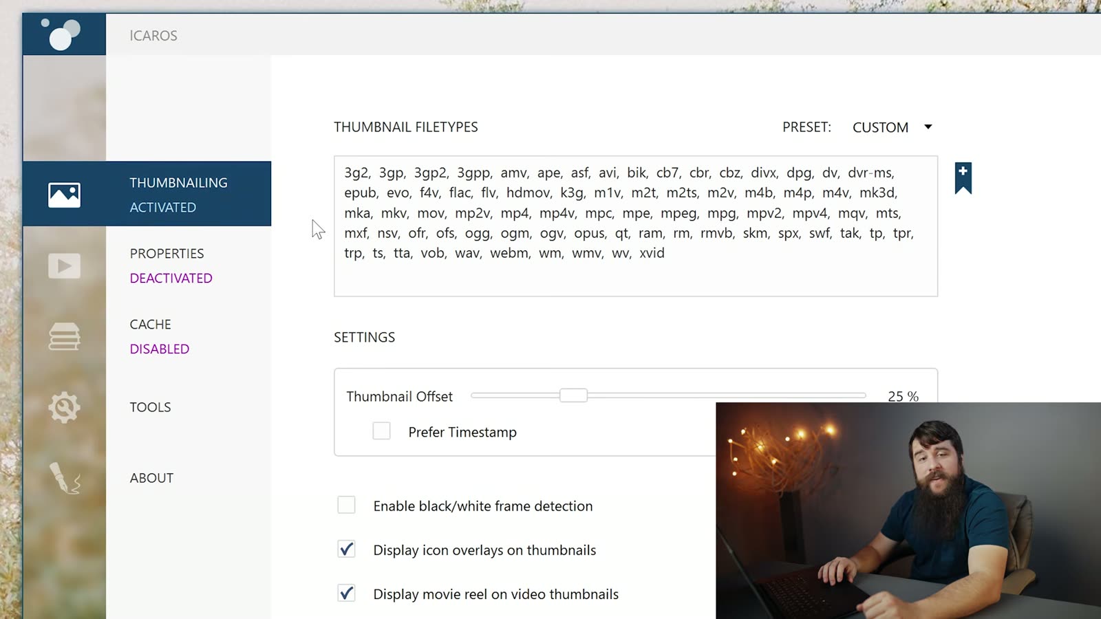 The Icaros Preset Info dialog asking whether to include the extra filetypes in the list