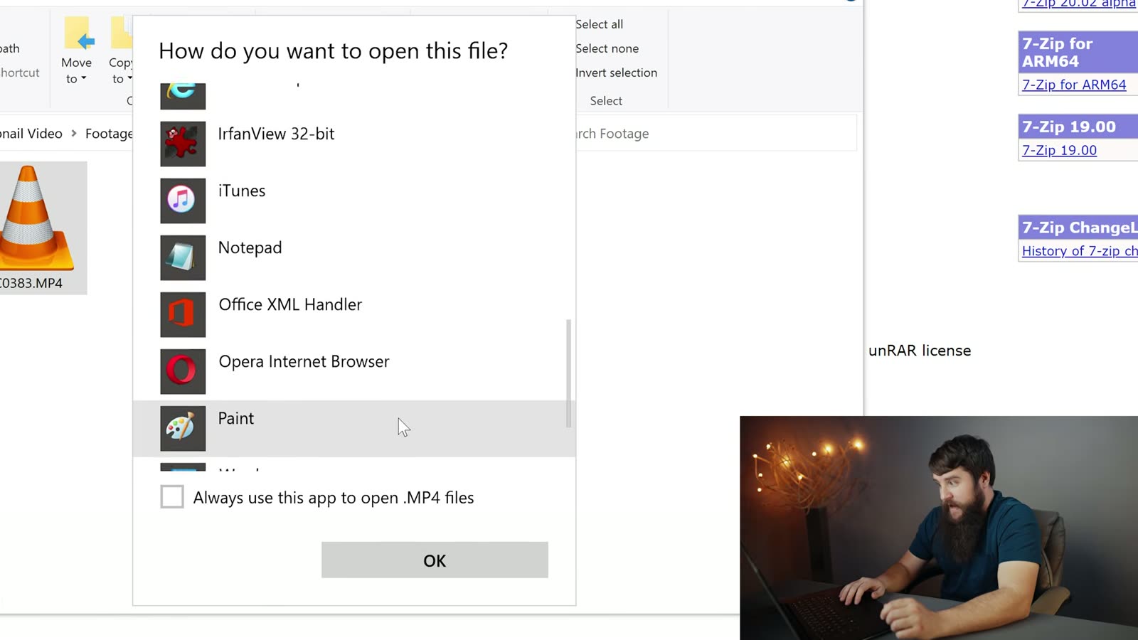 The Windows Open with browse dialog with mpv.exe selected inside the extracted mpv folder