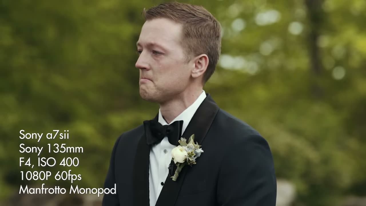The groom waiting outdoors, overlay reading Sony a7sii, Sony 135mm, F4 ISO 400, 1080P 60fps, Manfrotto Monopod