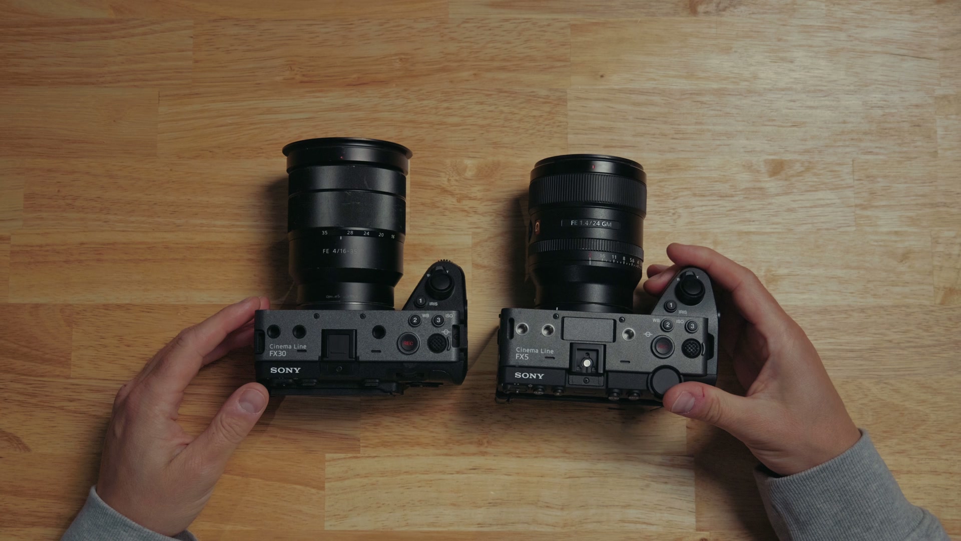 The Sony FX30 and Sony FX5 photographed from above, side by side, showing how similar the two bodies are