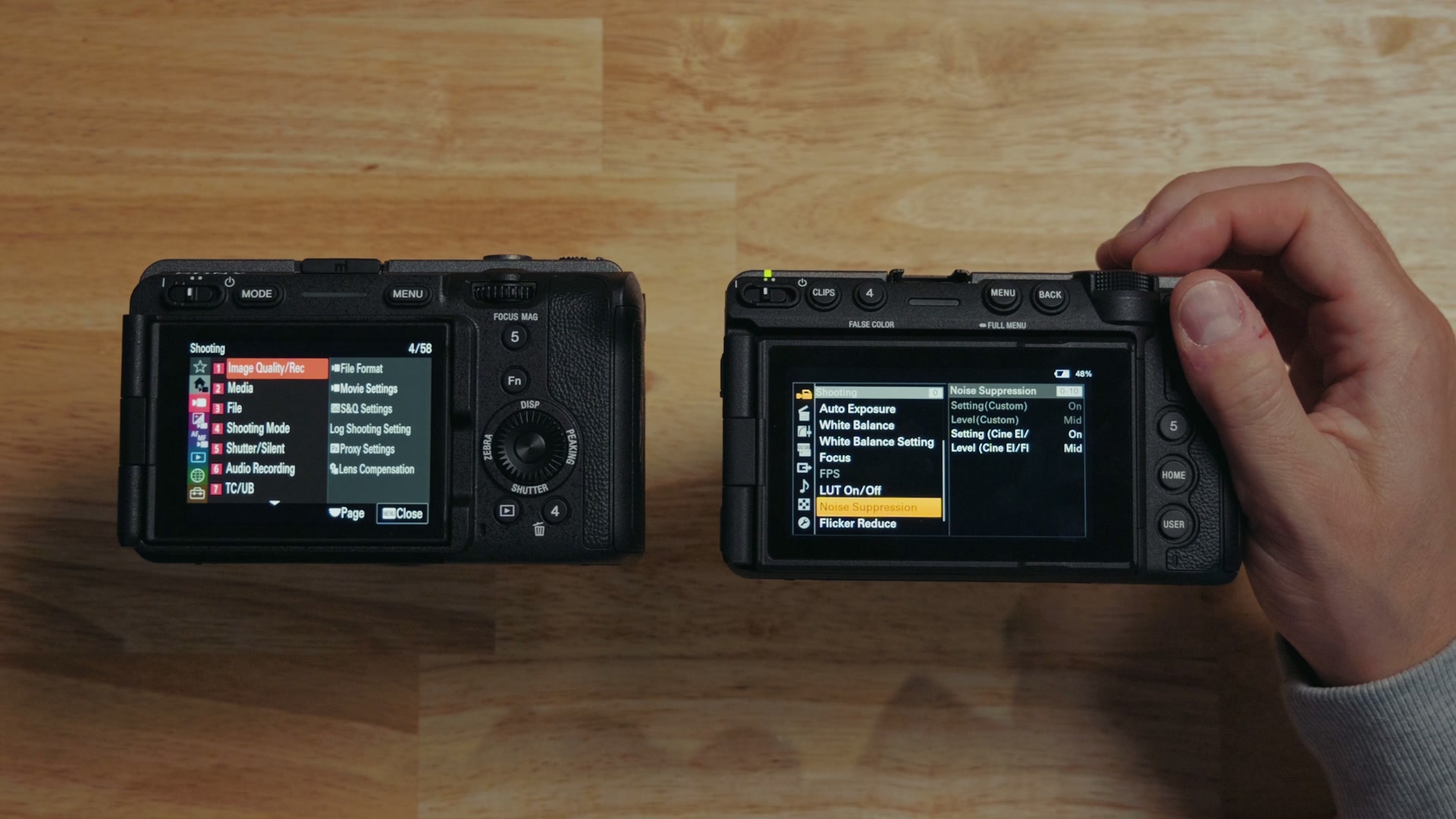The Sony FX5 rear screen showing the Noise Suppression setting highlighted in the menu