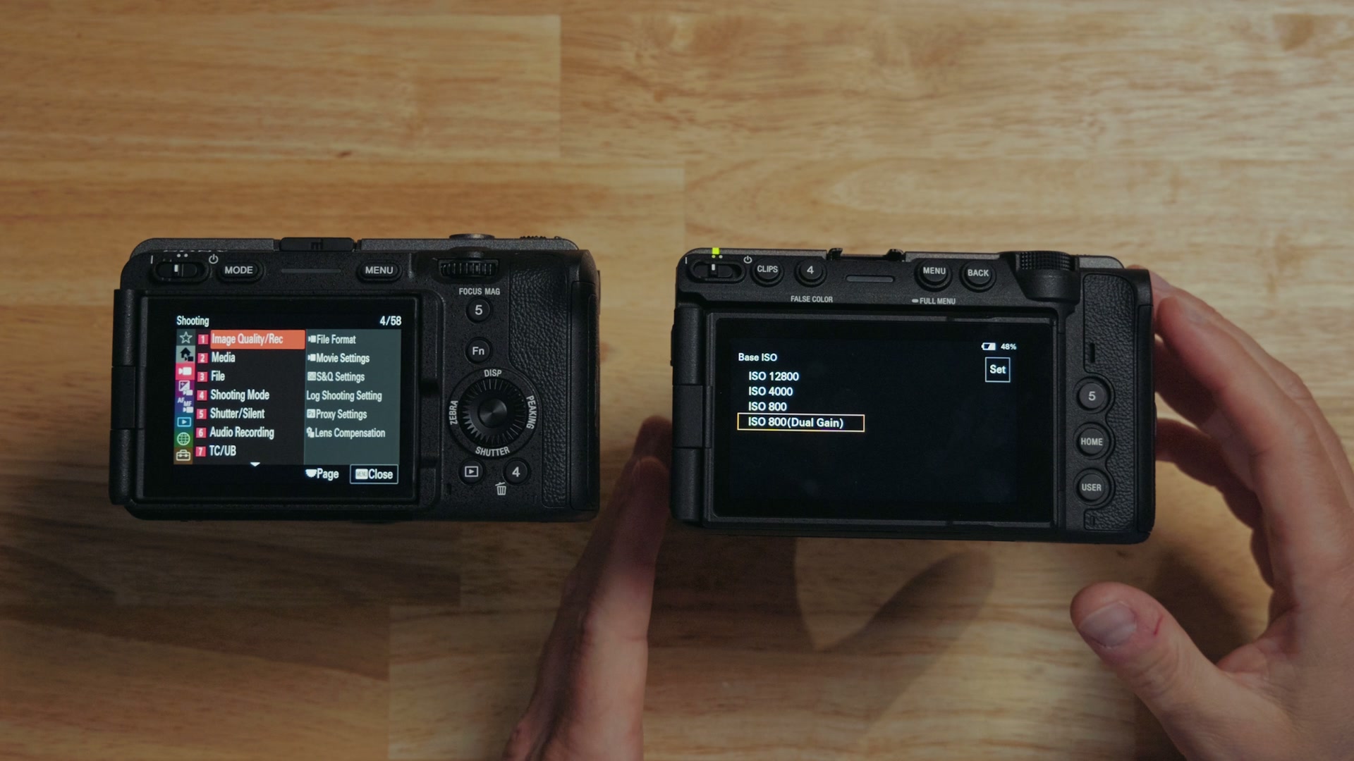 The Sony FX5 Base ISO menu listing ISO 12800, ISO 4000, ISO 800 and ISO 800 Dual Gain