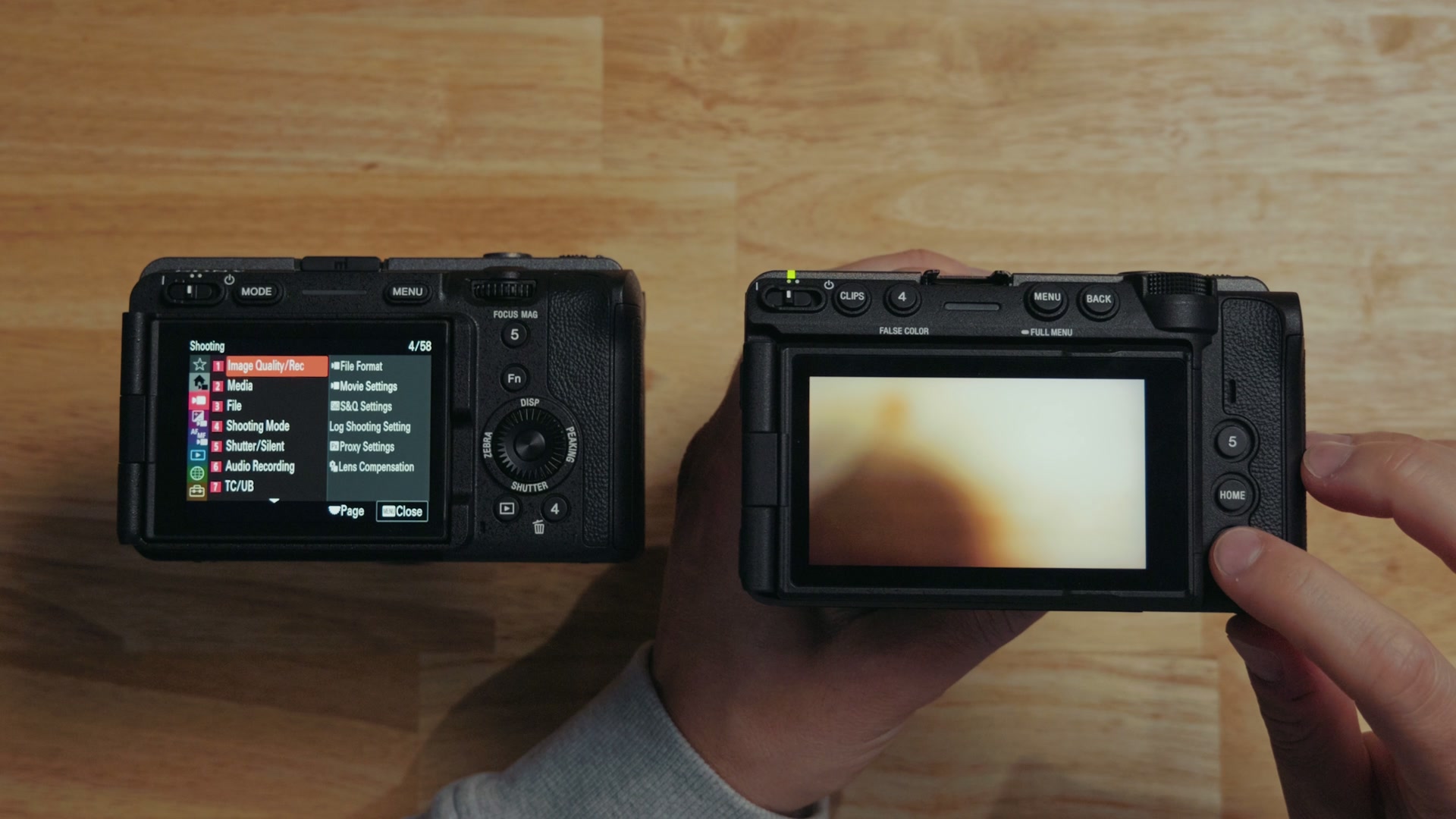 The Sony FX5 rear screen showing a clean full screen preview with no overlays, next to the smaller FX30 screen