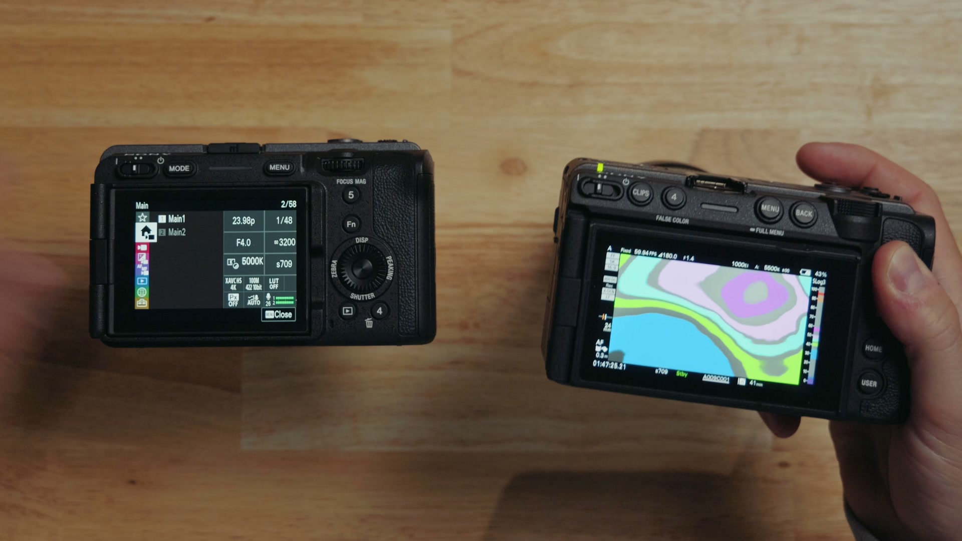 The Sony FX5 rear screen showing a false color exposure overlay in cyan, green and pink