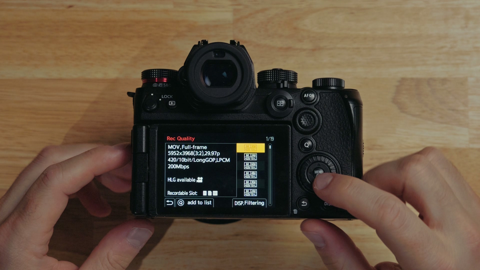 The Panasonic S1 II rear screen showing the Rec Quality menu with a 5952x3968 3:2 Open Gate format selected