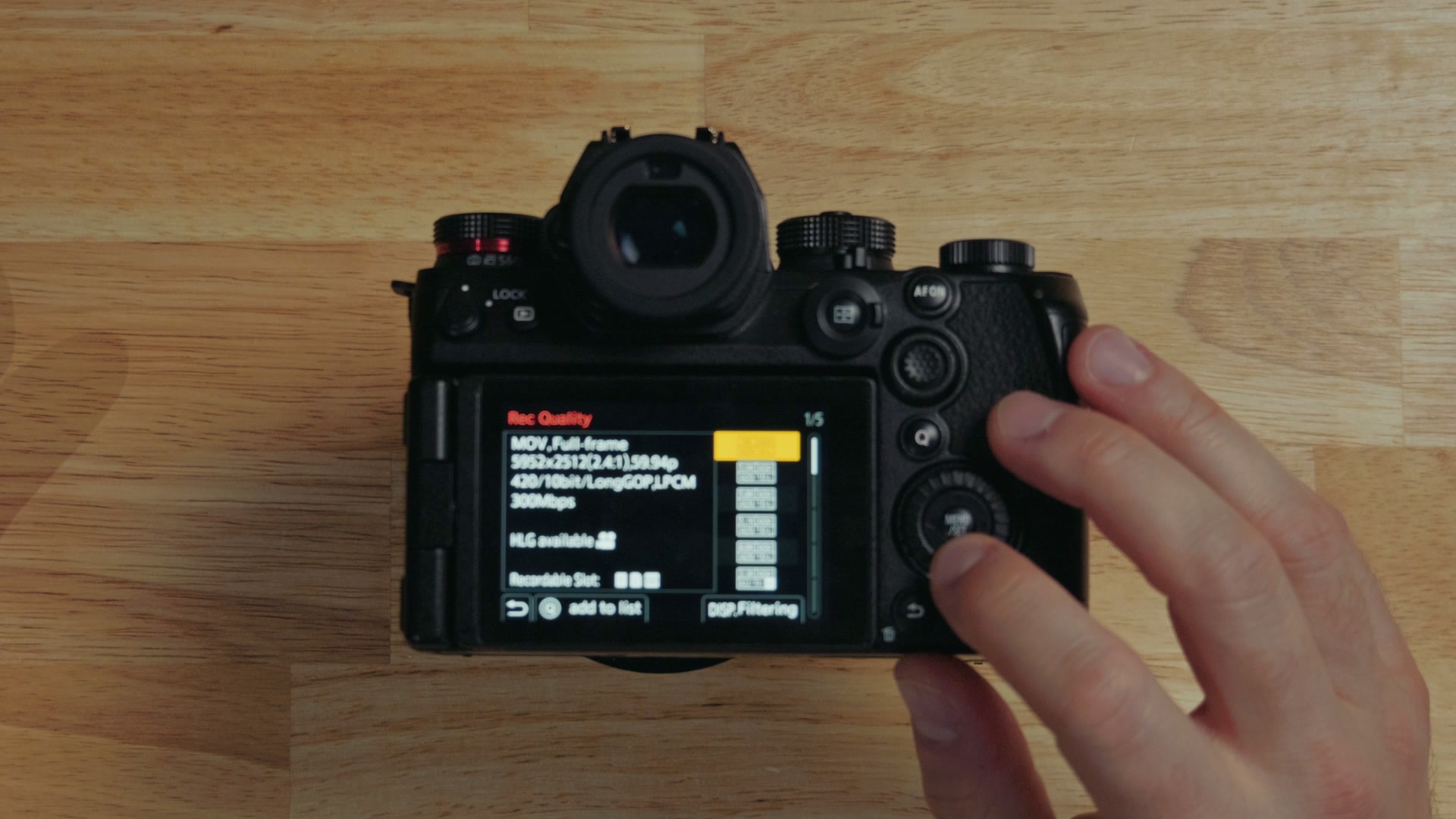 The Panasonic S1 II Rec Quality menu filtered down using the DISP.Filtering option