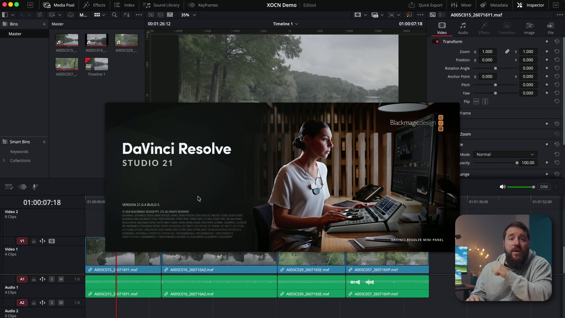 DaVinci Resolve Studio 21 about screen showing version 21.0.4 build 5