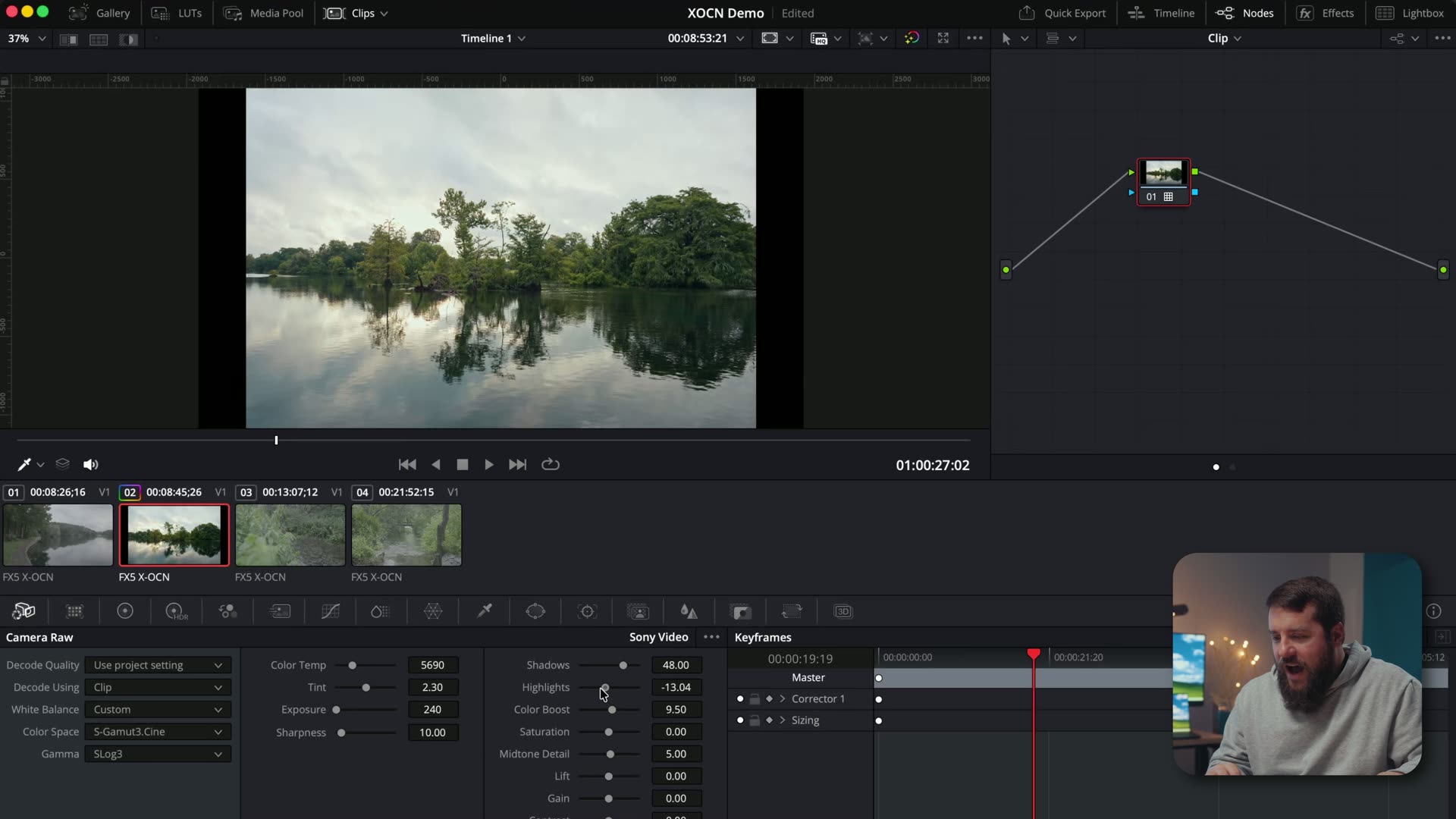 DaVinci Resolve color page with the Camera Raw panel open on an FX5 X-OCN clip, showing exposure, highlight and shadow controls