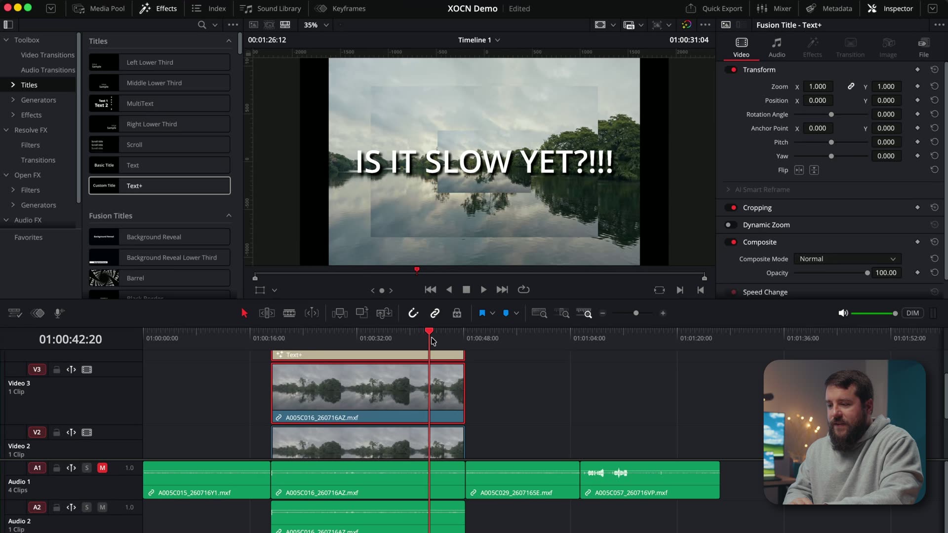 DaVinci Resolve timeline with stacked FX5 RAW video tracks and a text overlay reading IS IT SLOW YET
