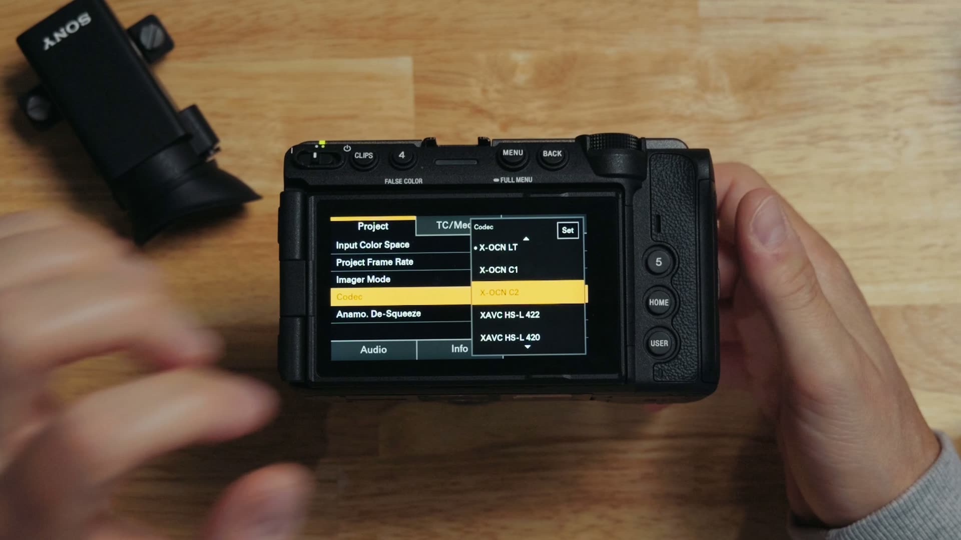 Sony FX5 rear screen showing the codec menu with X-OCN LT, X-OCN C1 and X-OCN C2 options