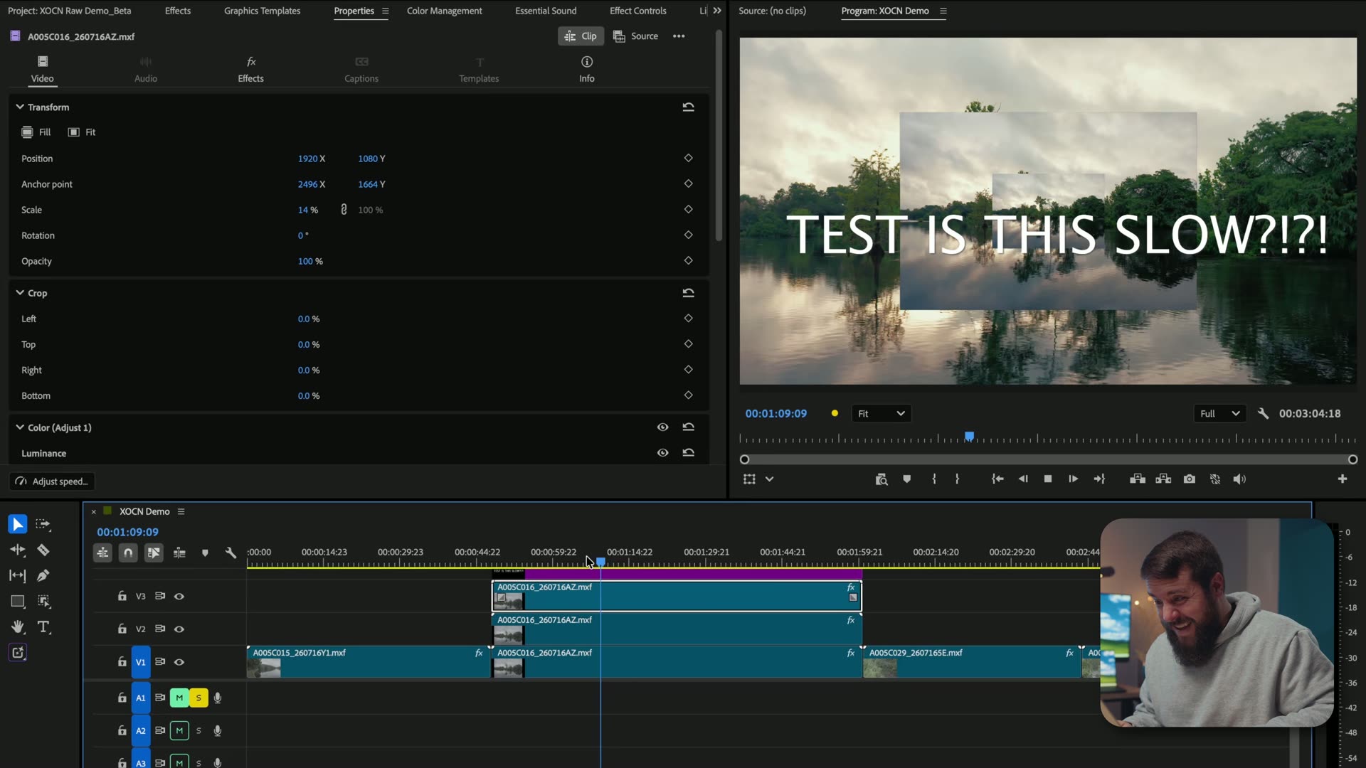 Adobe Premiere Pro timeline with three stacked FX5 RAW video tracks and a text overlay