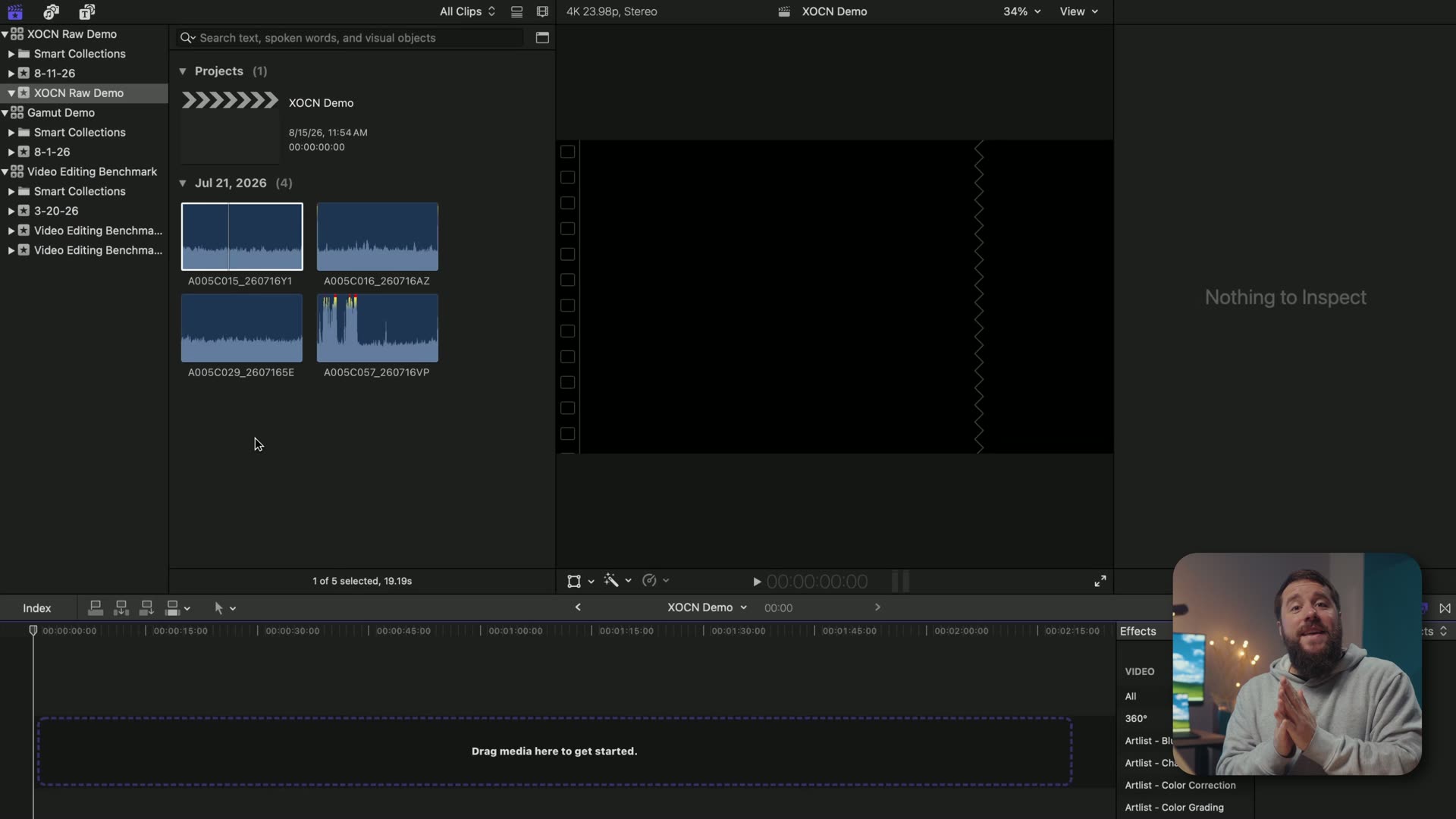 Final Cut Pro showing imported Sony FX5 XOCN clips as audio waveforms with no video