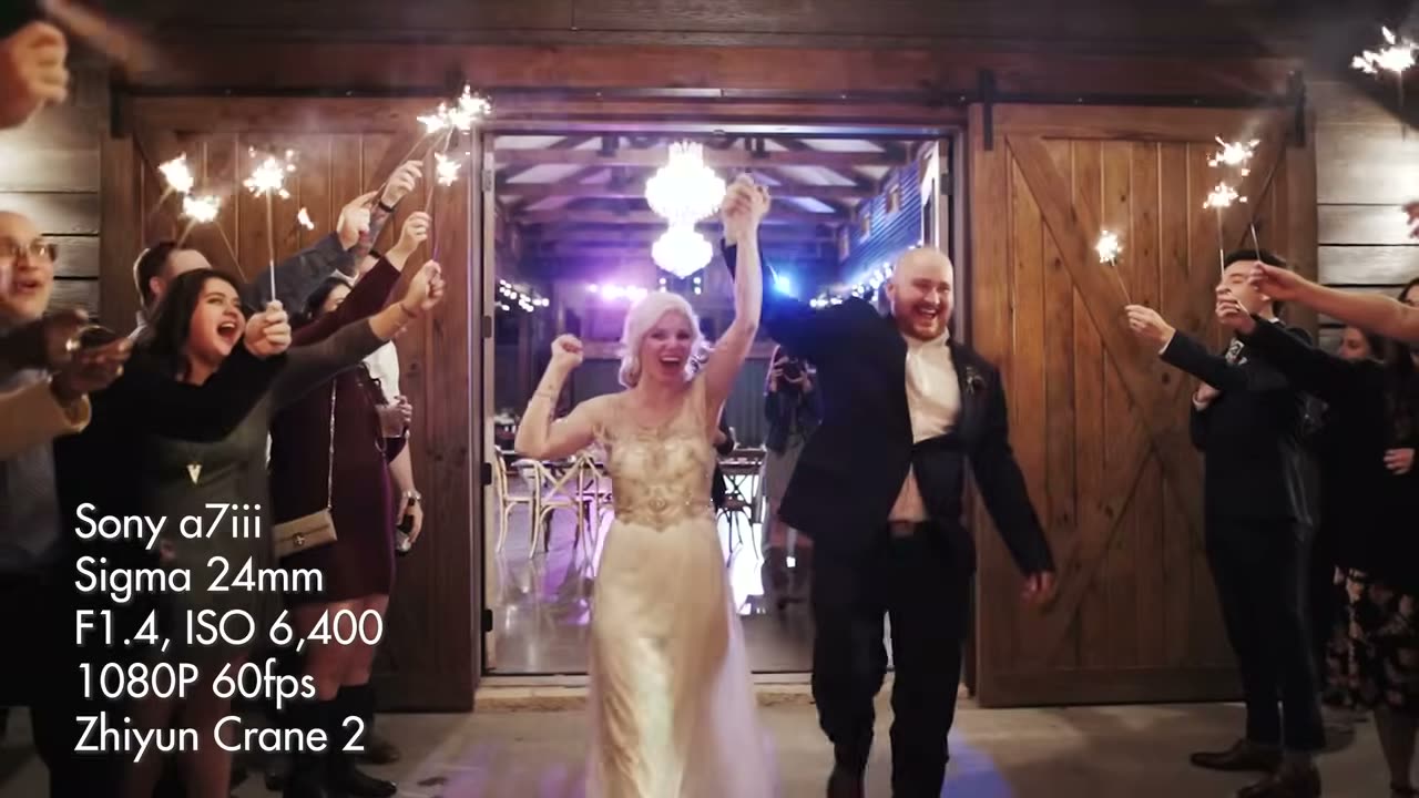 A guest dancing under reception lights, overlay reading Sony a7sii, Canon 50mm, F3.5 ISO 5000, 1080P 60fps, Handheld