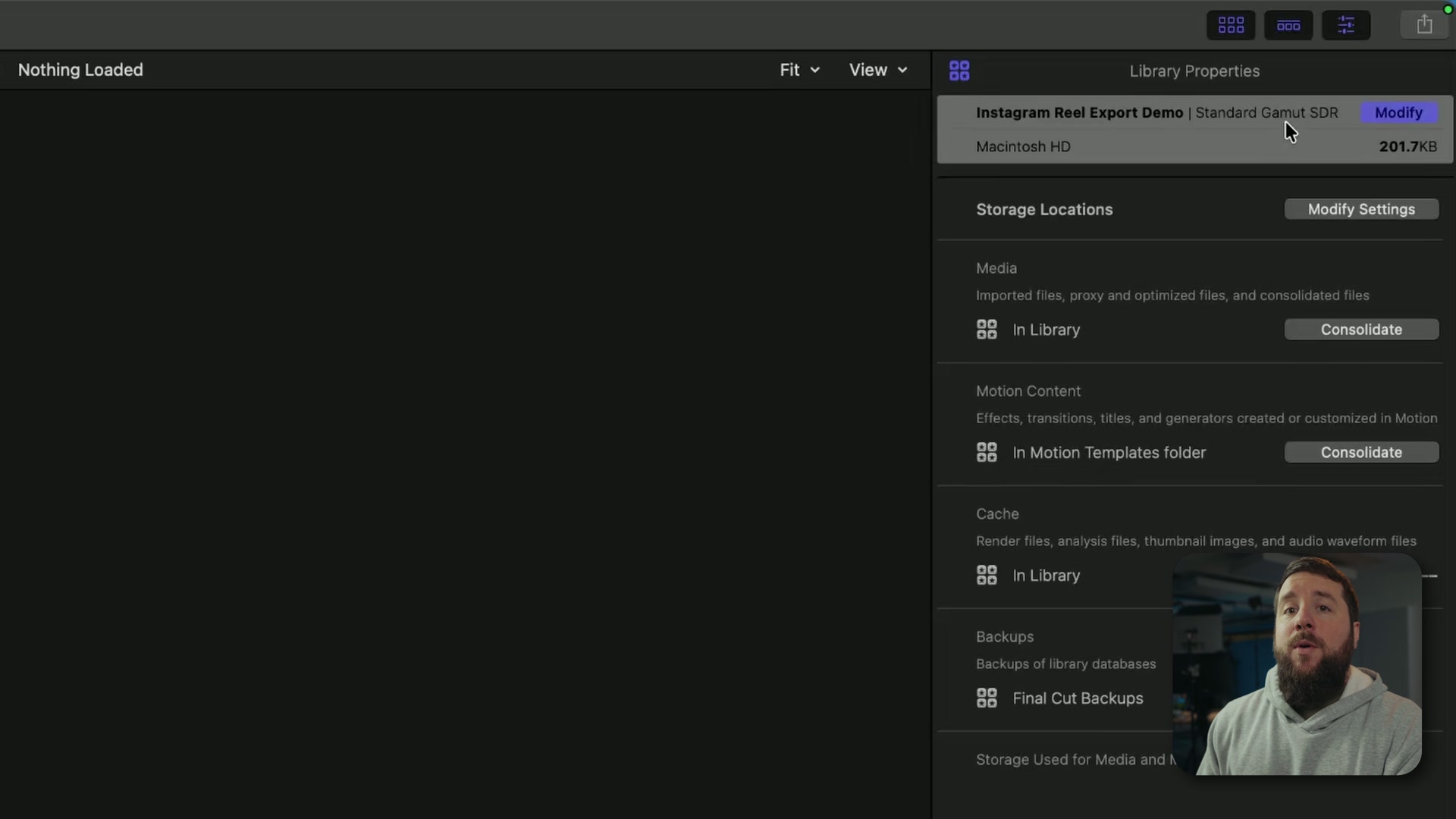 Final Cut Pro Library Inspector showing color processing set to Standard Gamut SDR